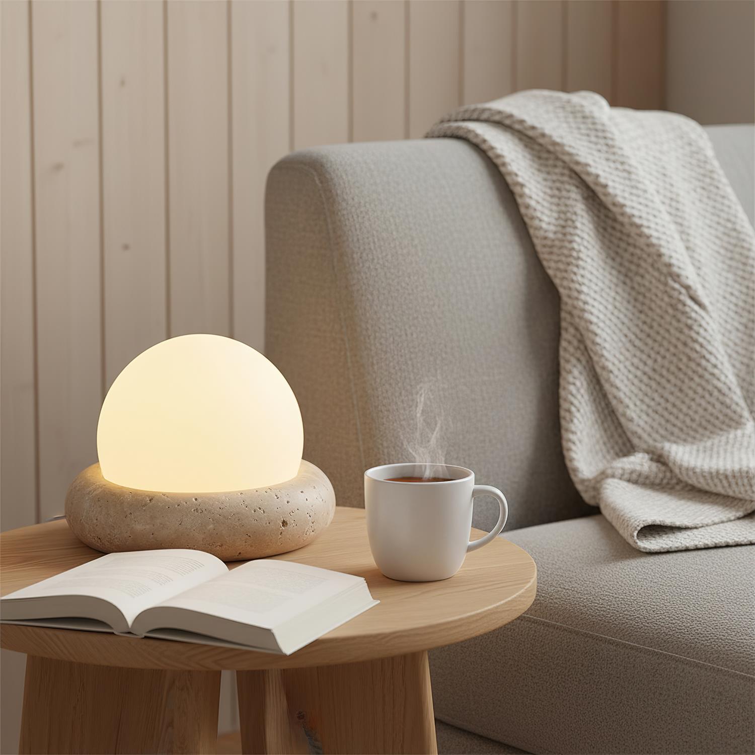 Table Lamp Travertine Base 6.1 in x 4.7 in Frosted Acrylic LED Rechargeable Bedroom Living Room Ambient Light | Thomler