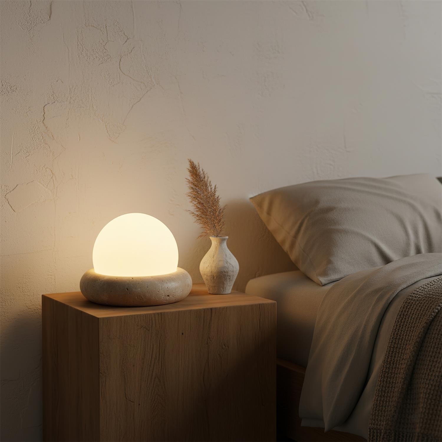 Table Lamp Travertine Base 6.1 in x 4.7 in Frosted Acrylic LED Rechargeable Bedroom Living Room Ambient Light | Thomler