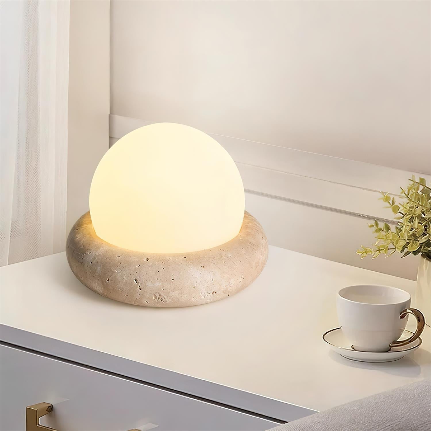 Table Lamp Travertine Base 6.1 in x 4.7 in Frosted Acrylic LED Rechargeable Bedroom Living Room Ambient Light | Thomler