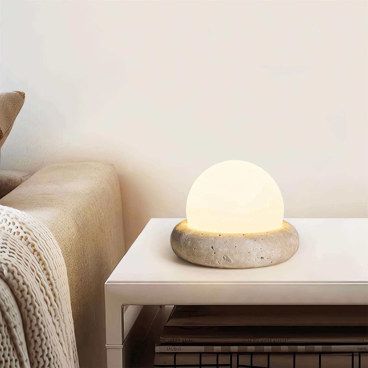 Table Lamp Travertine Base 6.1 in x 4.7 in Frosted Acrylic LED Rechargeable Bedroom Living Room Ambient Light | Thomler