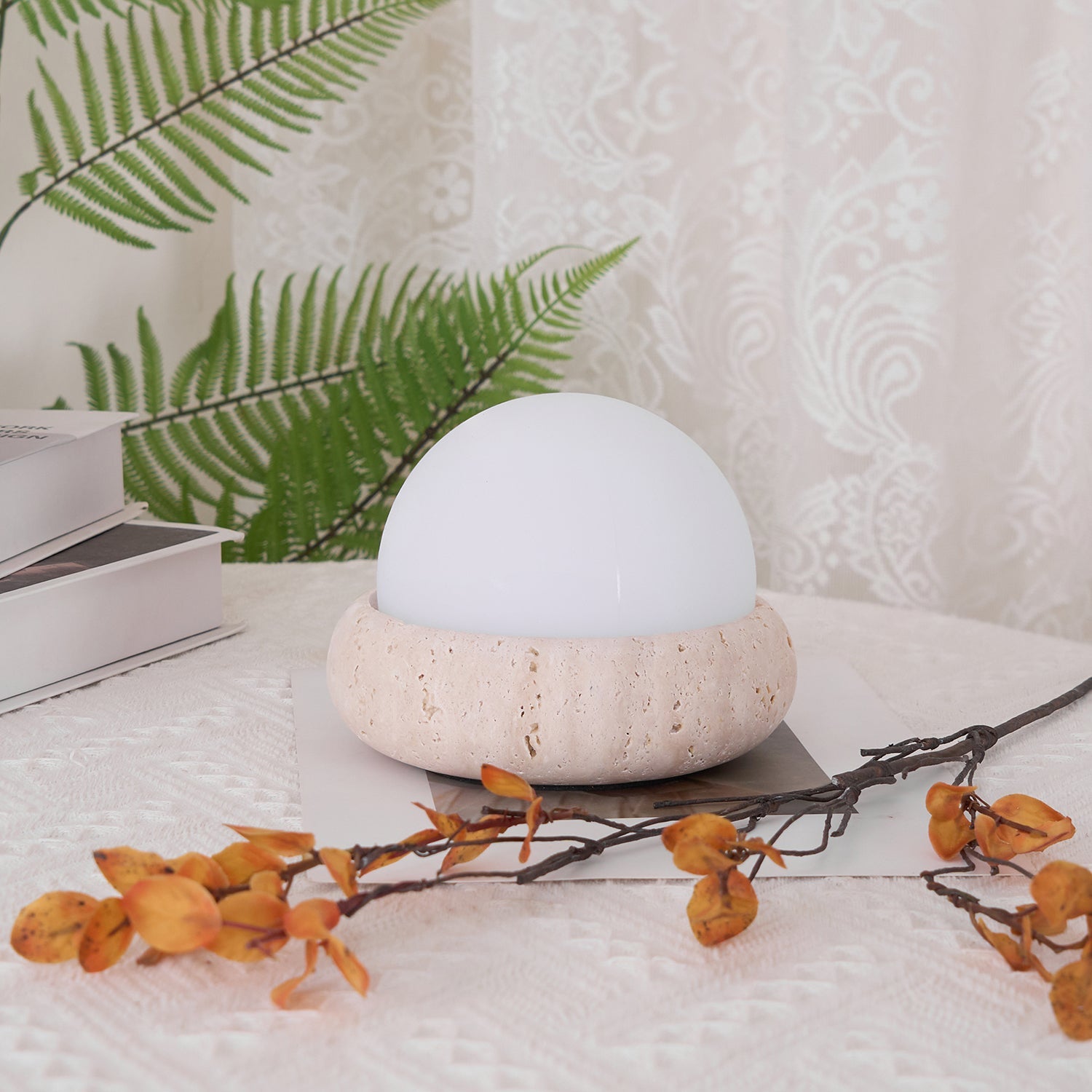 Table Lamp Travertine Base 6.1 in x 4.7 in Frosted Acrylic LED Rechargeable Bedroom Living Room Ambient Light | Thomler