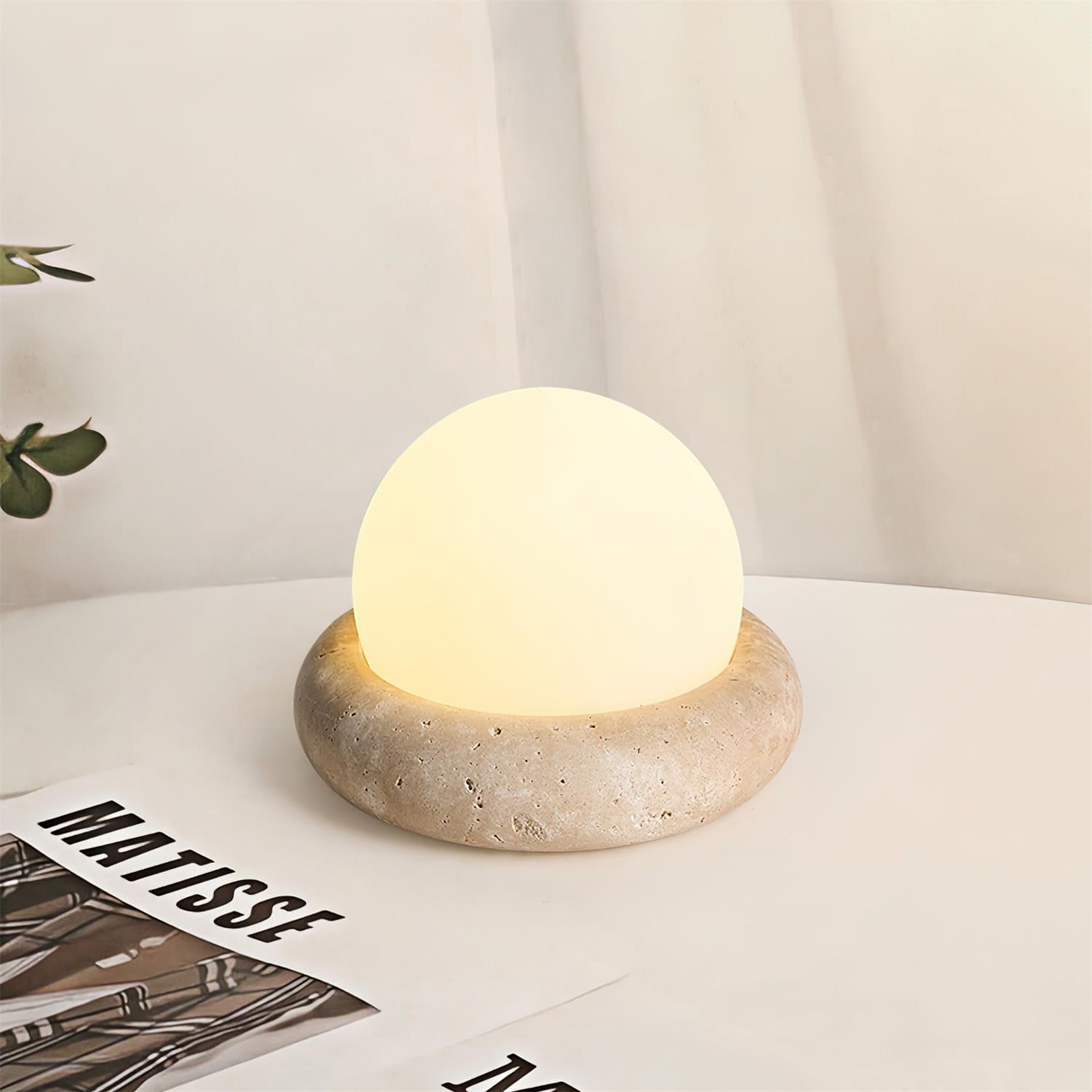 Table Lamp Travertine Base 6.1 in x 4.7 in Frosted Acrylic LED Rechargeable Bedroom Living Room Ambient Light | Thomler