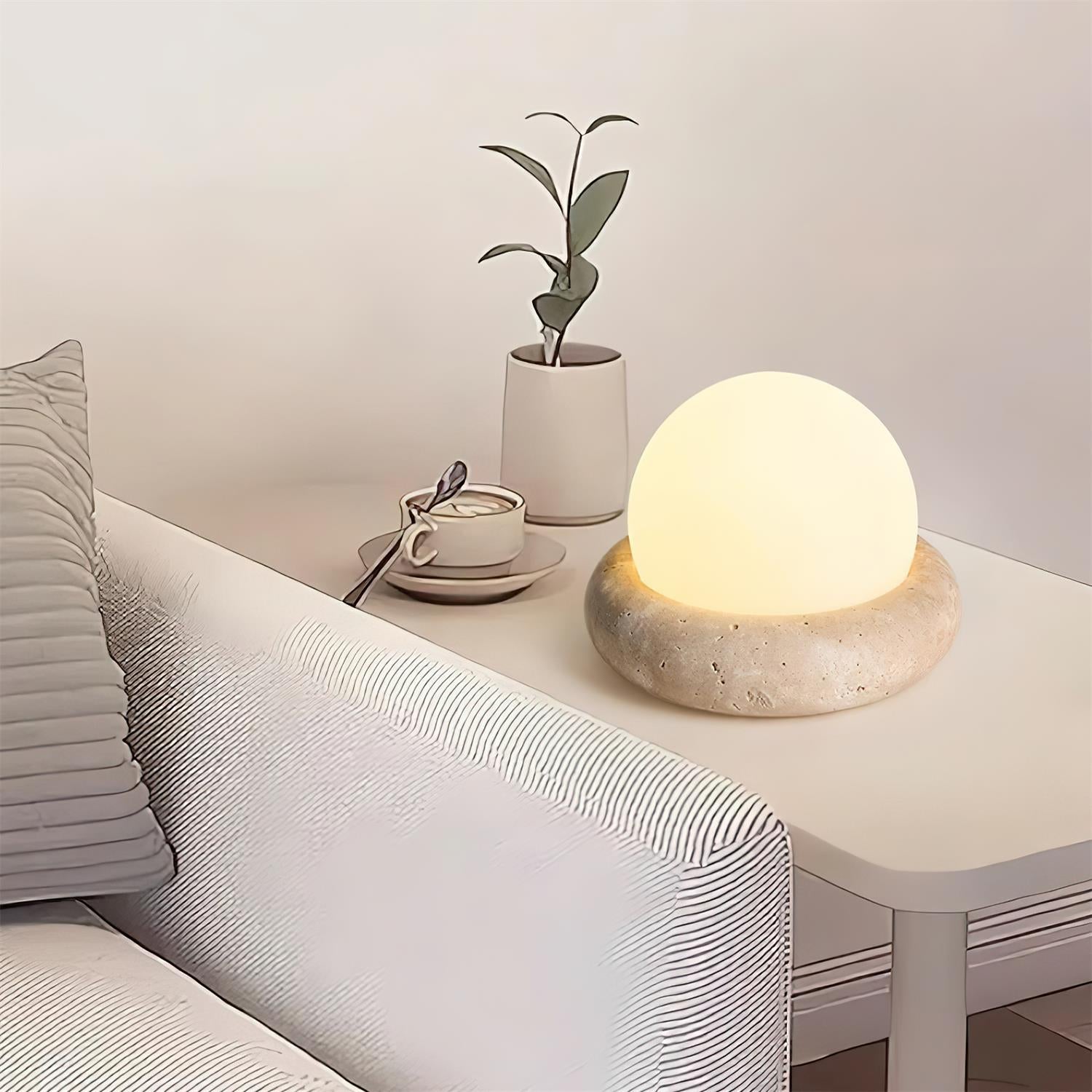 Table Lamp Travertine Base 6.1 in x 4.7 in Frosted Acrylic LED Rechargeable Bedroom Living Room Ambient Light | Thomler
