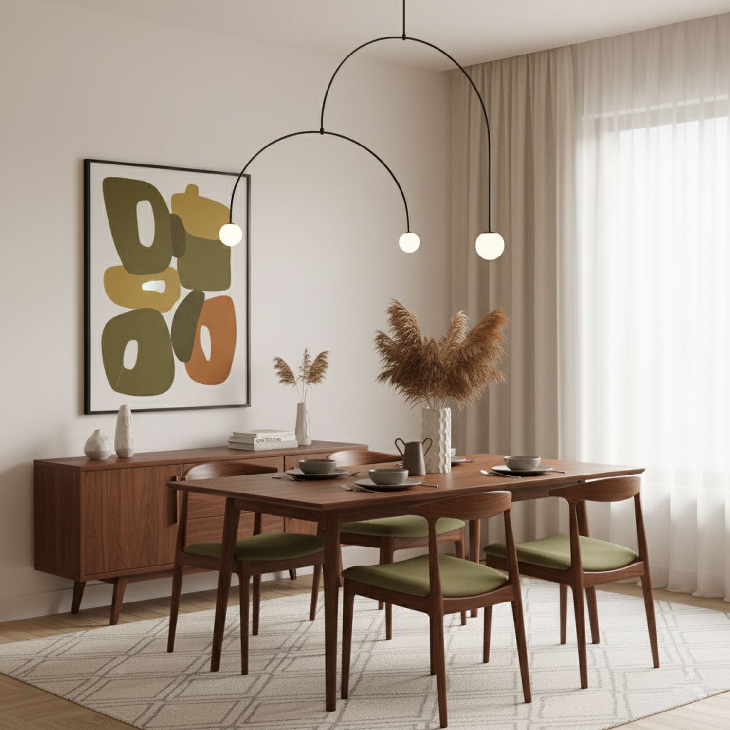 Mobile Chandelier 55.1 in L x 33.5 in H Patinated Brass Black Modern Living Room Ceiling Light Minimalist Glass Diffuser Fixture | Thomler