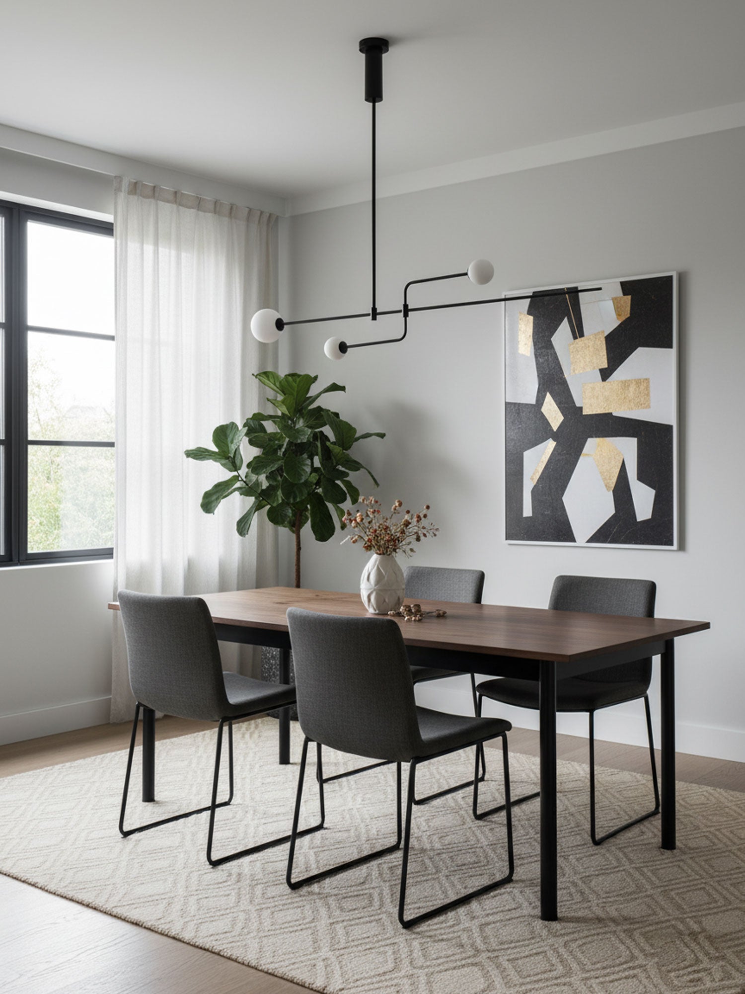 Mobile Chandelier 55.1 in L x 33.5 in H Patinated Brass Black Modern Living Room Ceiling Light Minimalist Glass Diffuser Fixture | Thomler