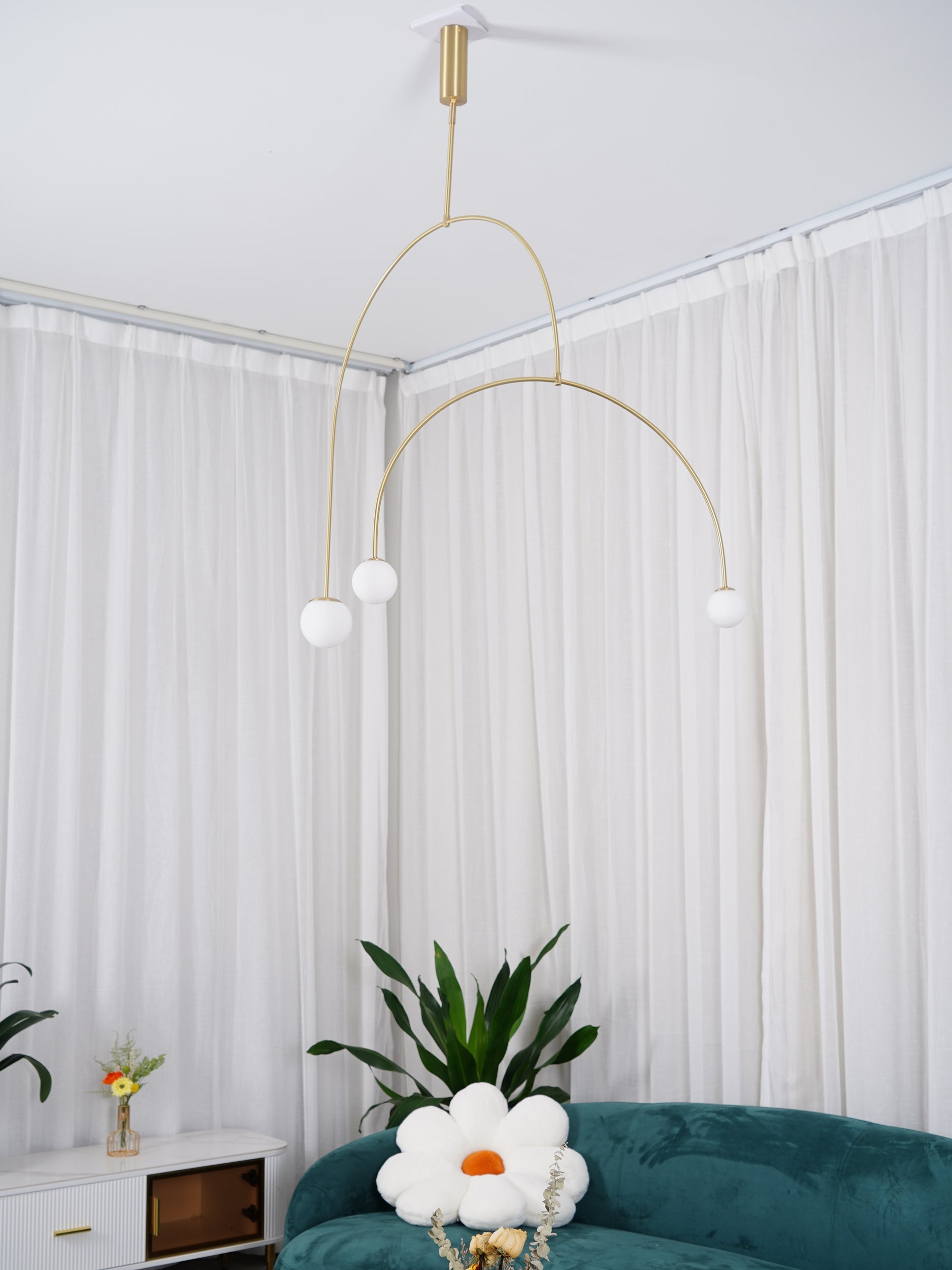 Mobile Chandelier 55.1 in L x 33.5 in H Patinated Brass Black Modern Living Room Ceiling Light Minimalist Glass Diffuser Fixture | Thomler