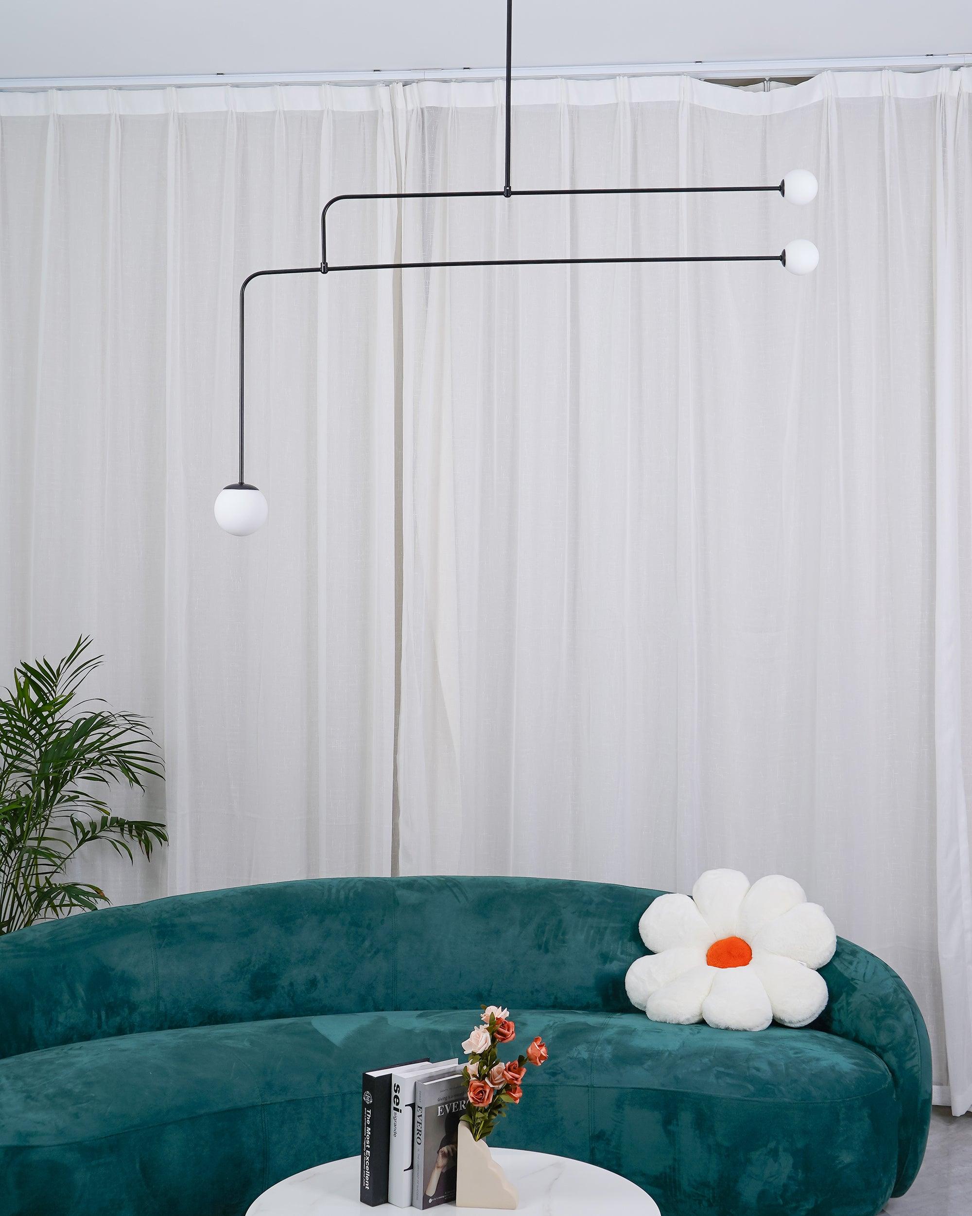 Mobile Chandelier 55.1 in L x 33.5 in H Patinated Brass Black Modern Living Room Ceiling Light Minimalist Glass Diffuser Fixture | Thomler