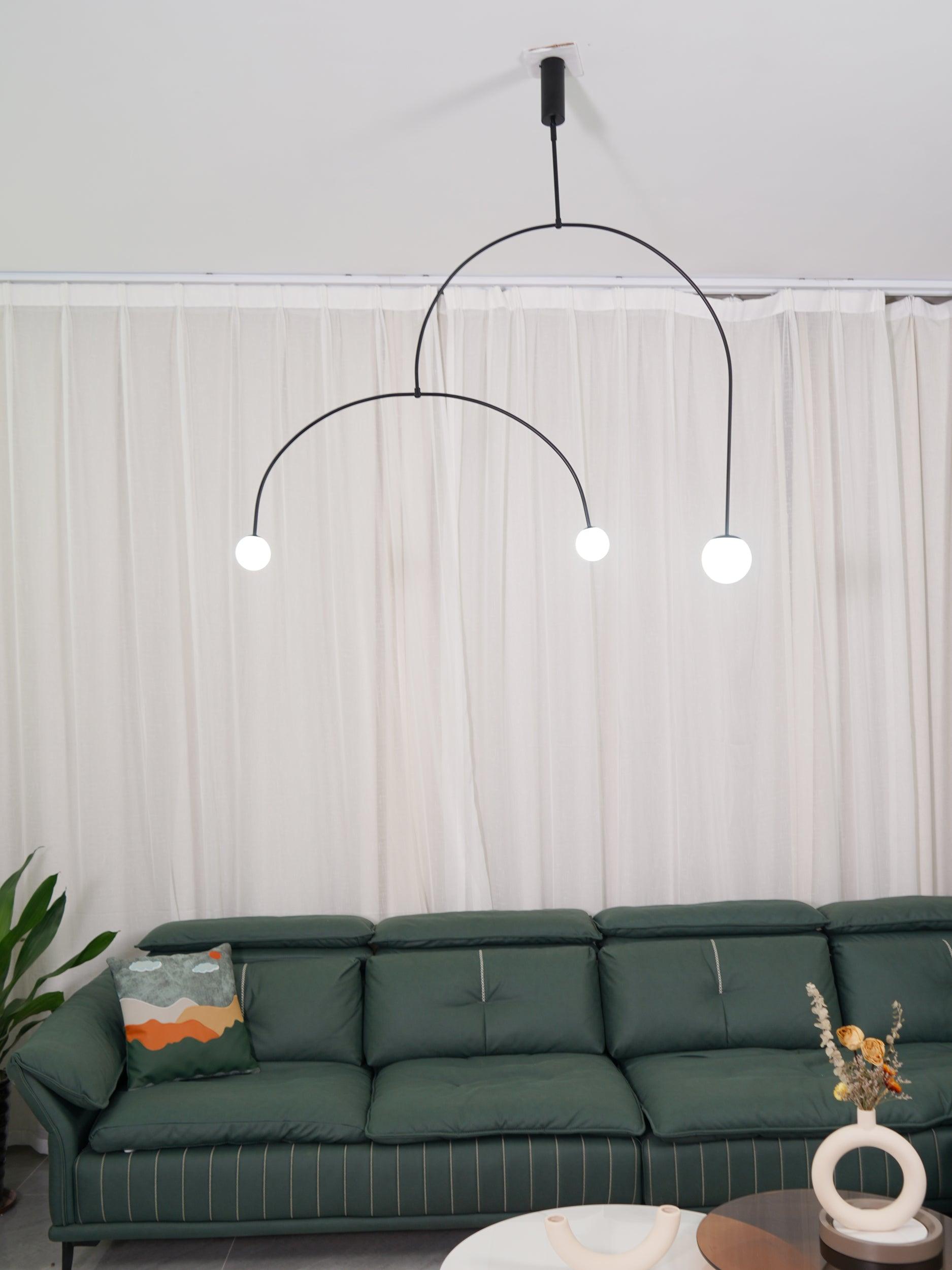 Mobile Chandelier 55.1 in L x 33.5 in H Patinated Brass Black Modern Living Room Ceiling Light Minimalist Glass Diffuser Fixture | Thomler