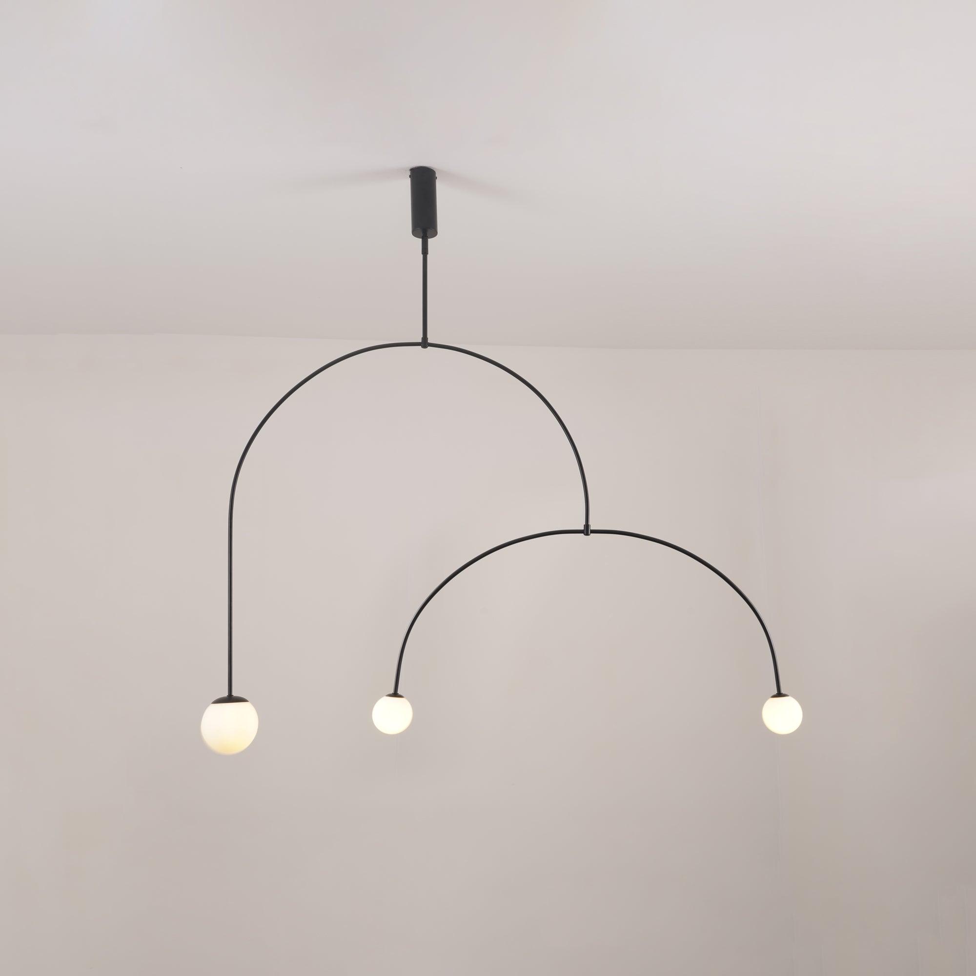 Mobile Chandelier 55.1 in L x 33.5 in H Patinated Brass Black Modern Living Room Ceiling Light Minimalist Glass Diffuser Fixture | Thomler
