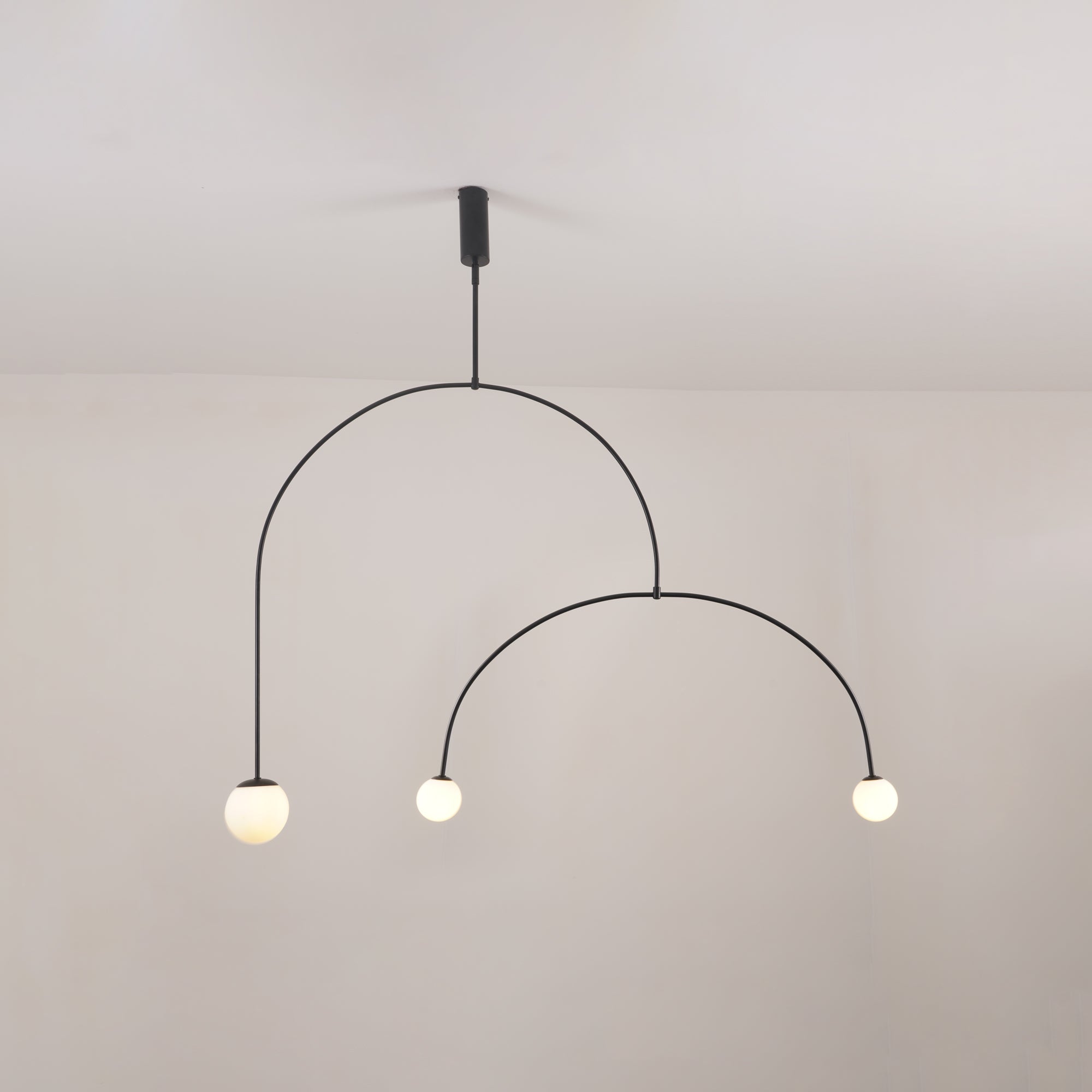 Mobile Chandelier 55.1 in L x 33.5 in H Patinated Brass Black Modern Living Room Ceiling Light Minimalist Glass Diffuser Fixture | Thomler
