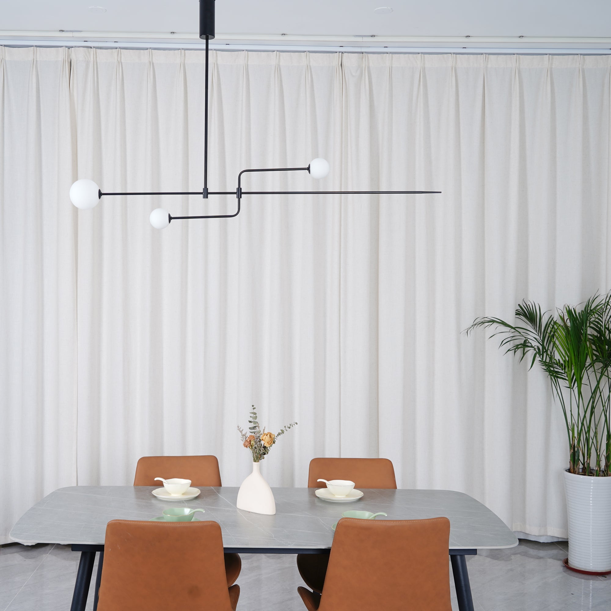 Mobile Chandelier 55.1 in L x 33.5 in H Patinated Brass Black Modern Living Room Ceiling Light Minimalist Glass Diffuser Fixture | Thomler