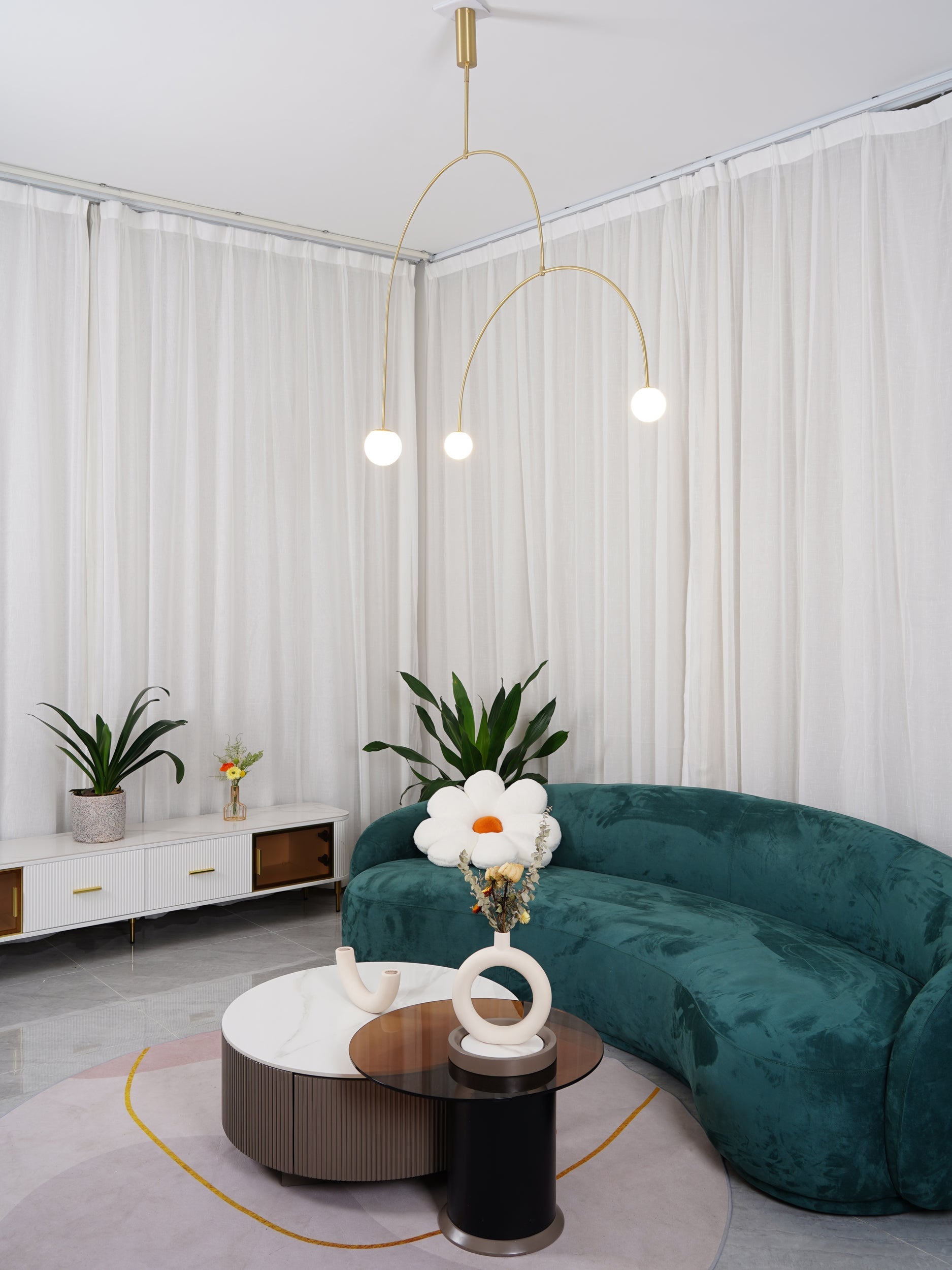 Mobile Chandelier 55.1 in L x 33.5 in H Patinated Brass Black Modern Living Room Ceiling Light Minimalist Glass Diffuser Fixture | Thomler