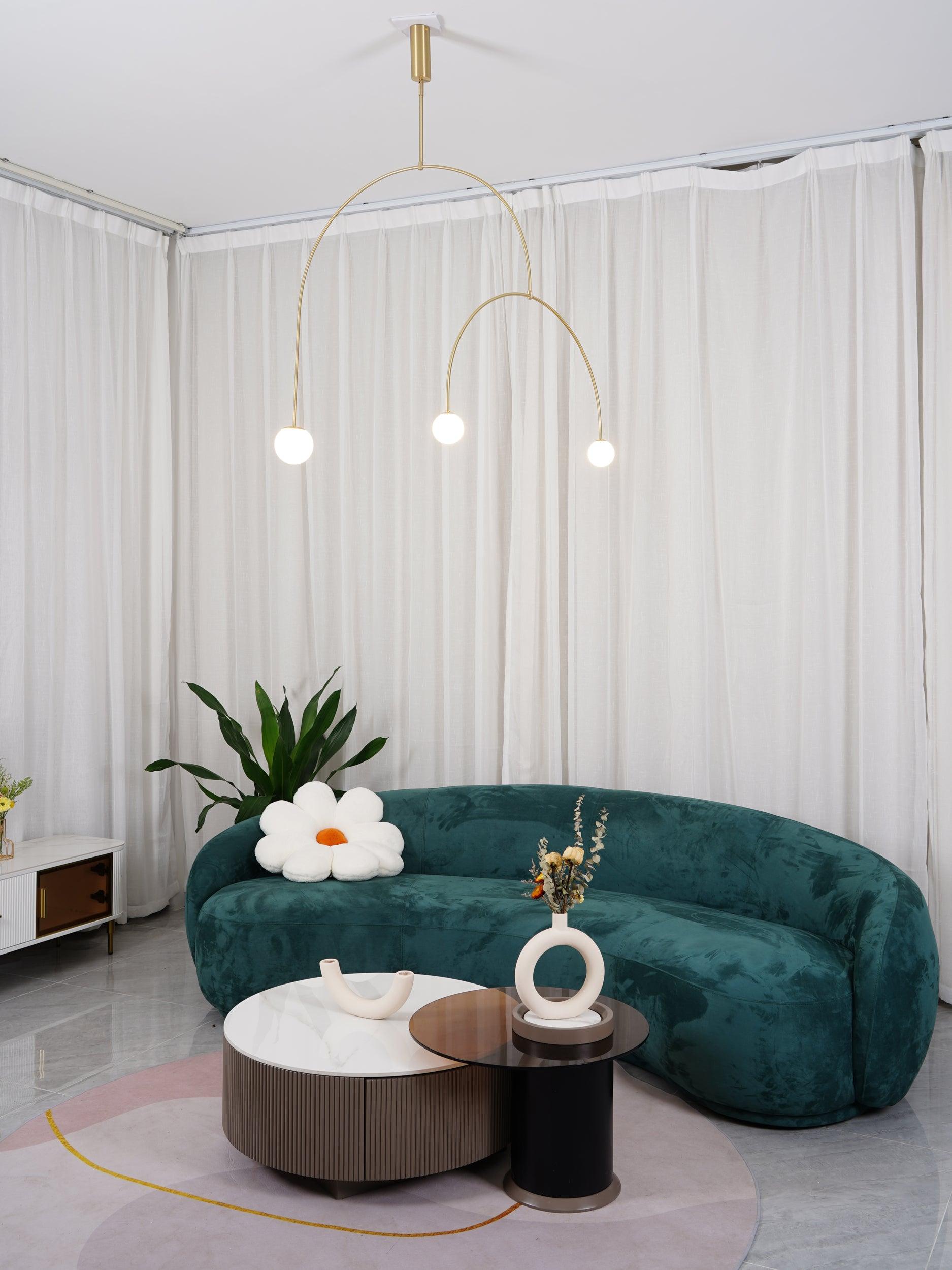 Mobile Chandelier 55.1 in L x 33.5 in H Patinated Brass Black Modern Living Room Ceiling Light Minimalist Glass Diffuser Fixture | Thomler