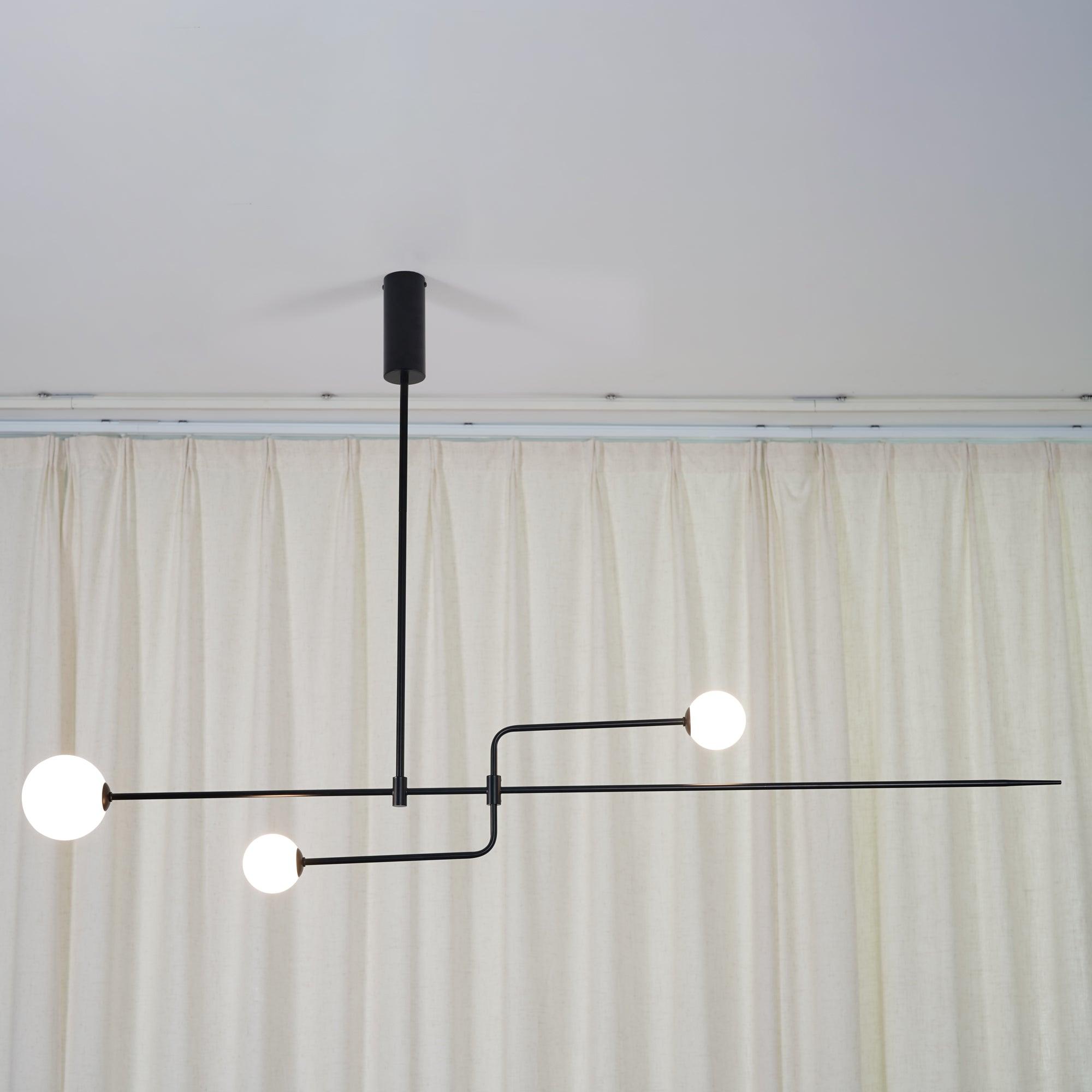 Mobile Chandelier 55.1 in L x 33.5 in H Patinated Brass Black Modern Living Room Ceiling Light Minimalist Glass Diffuser Fixture | Thomler