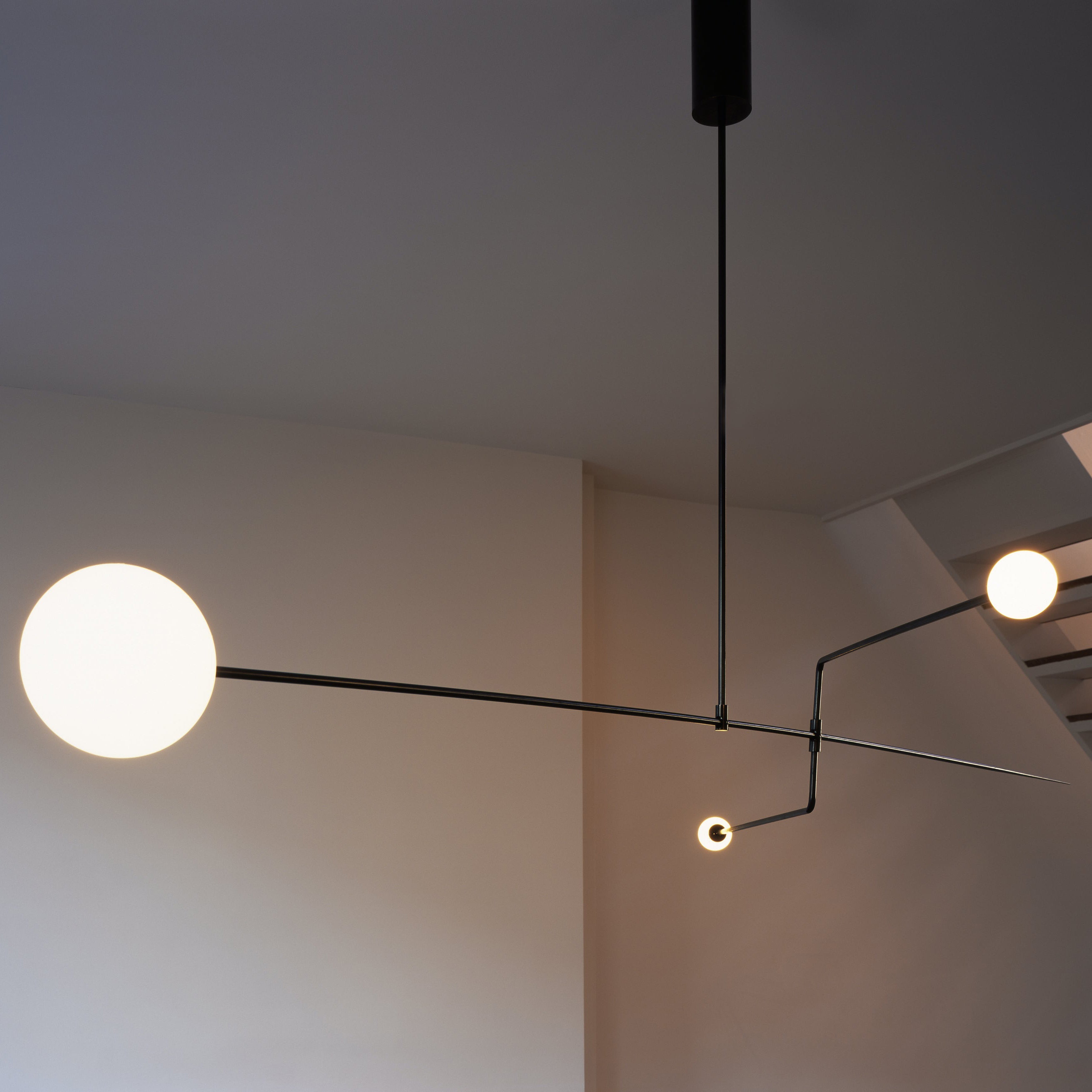 Mobile Chandelier 55.1 in L x 33.5 in H Patinated Brass Black Modern Living Room Ceiling Light Minimalist Glass Diffuser Fixture | Thomler