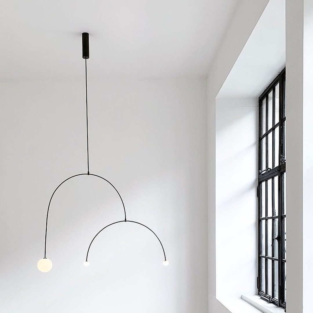 Mobile Chandelier 55.1 in L x 33.5 in H Patinated Brass Black Modern Living Room Ceiling Light Minimalist Glass Diffuser Fixture | Thomler