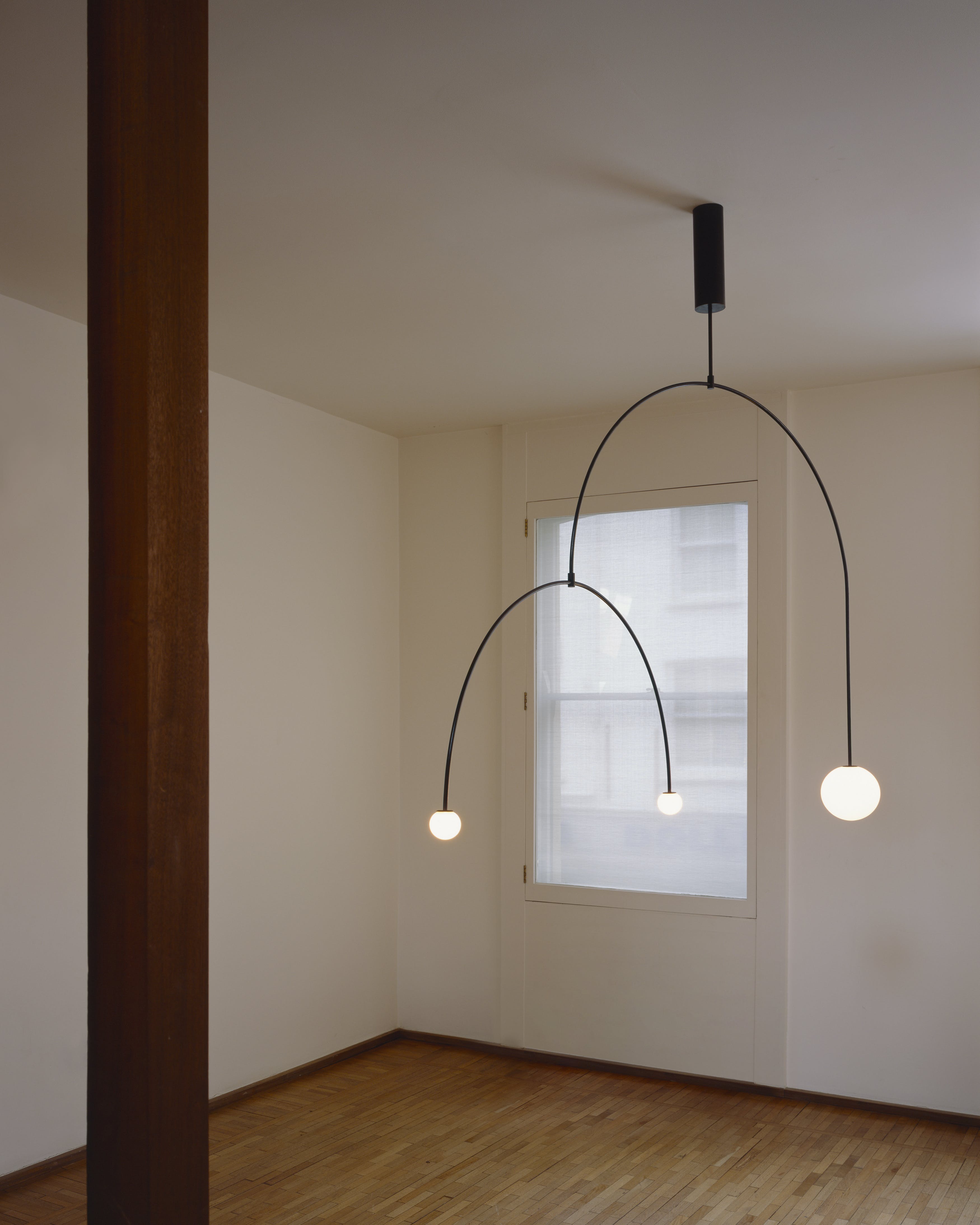 Mobile Chandelier 55.1 in L x 33.5 in H Patinated Brass Black Modern Living Room Ceiling Light Minimalist Glass Diffuser Fixture | Thomler
