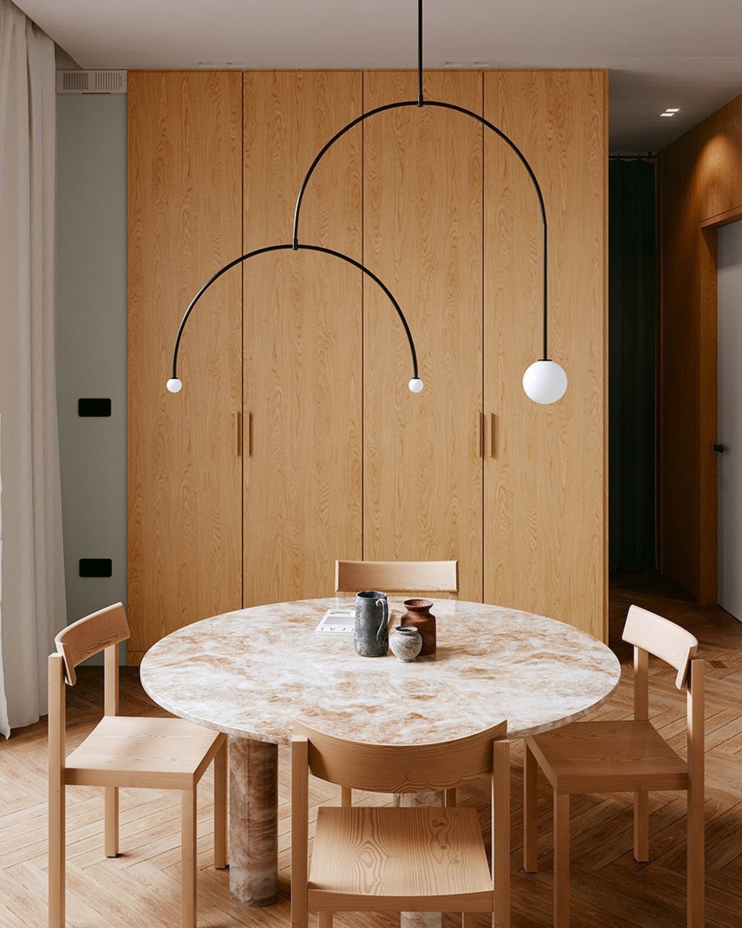 Mobile Chandelier 55.1 in L x 33.5 in H Patinated Brass Black Modern Living Room Ceiling Light Minimalist Glass Diffuser Fixture | Thomler