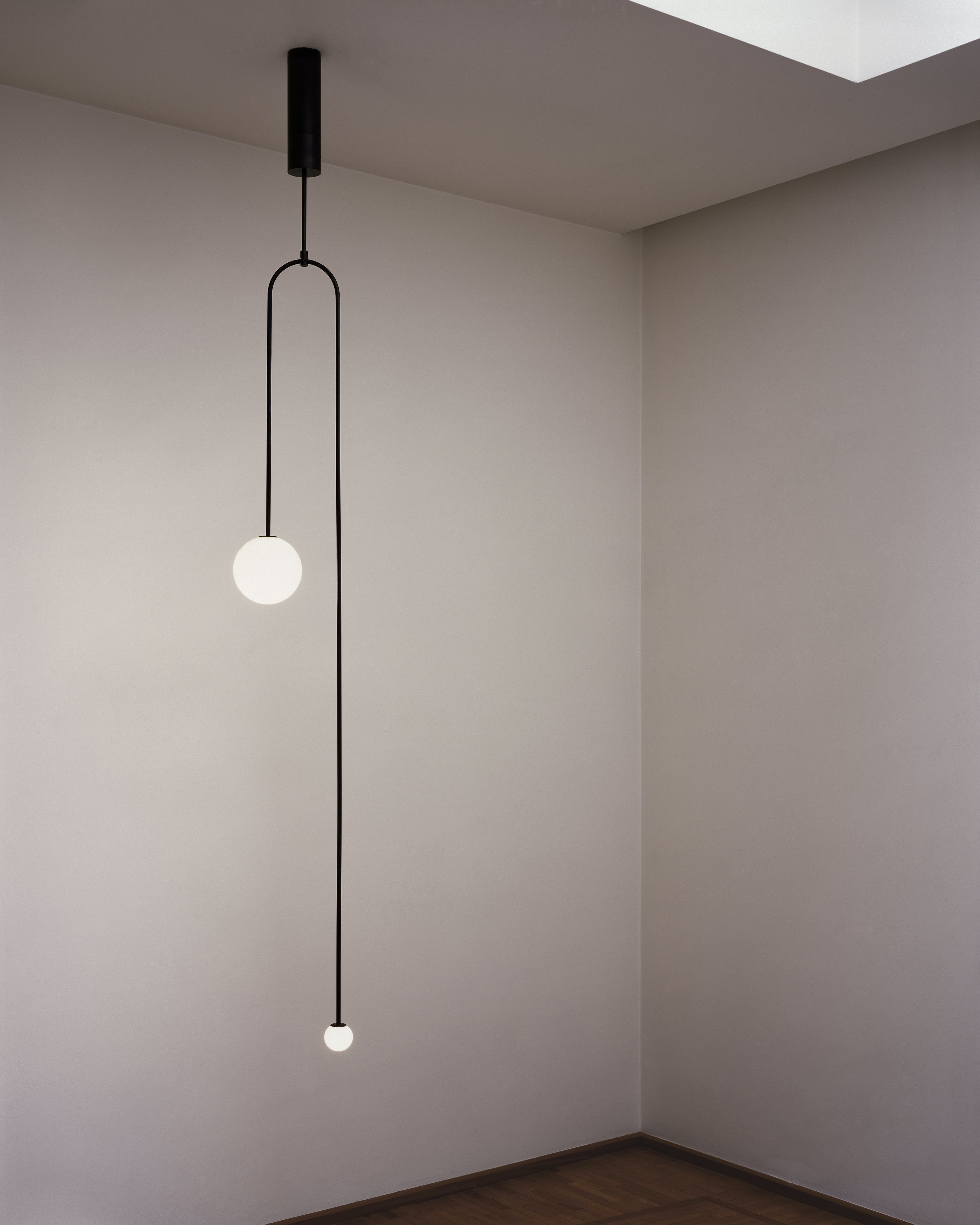 Mobile Chandelier 55.1 in L x 33.5 in H Patinated Brass Black Modern Living Room Ceiling Light Minimalist Glass Diffuser Fixture | Thomler