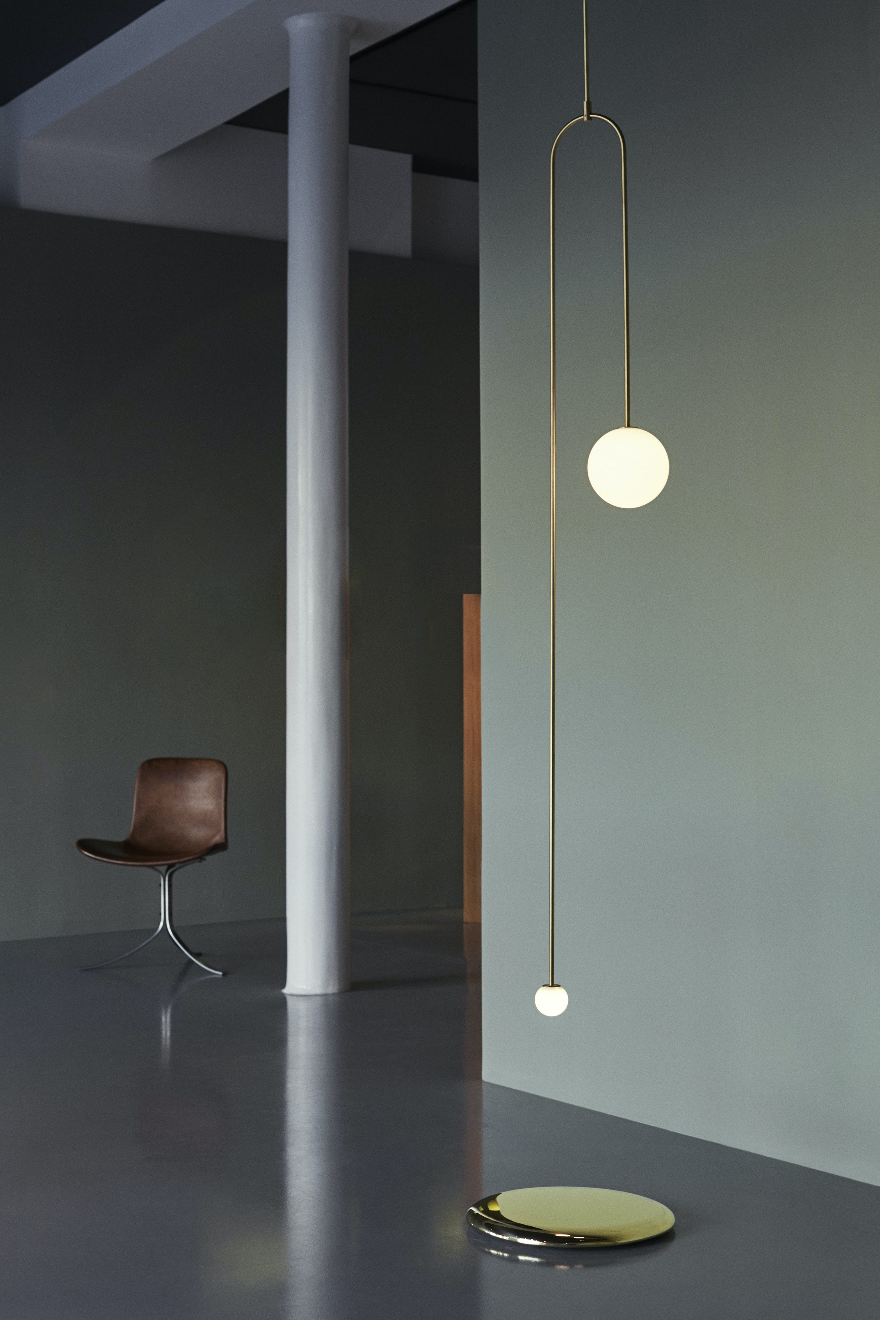 Mobile Chandelier 55.1 in L x 33.5 in H Patinated Brass Black Modern Living Room Ceiling Light Minimalist Glass Diffuser Fixture | Thomler