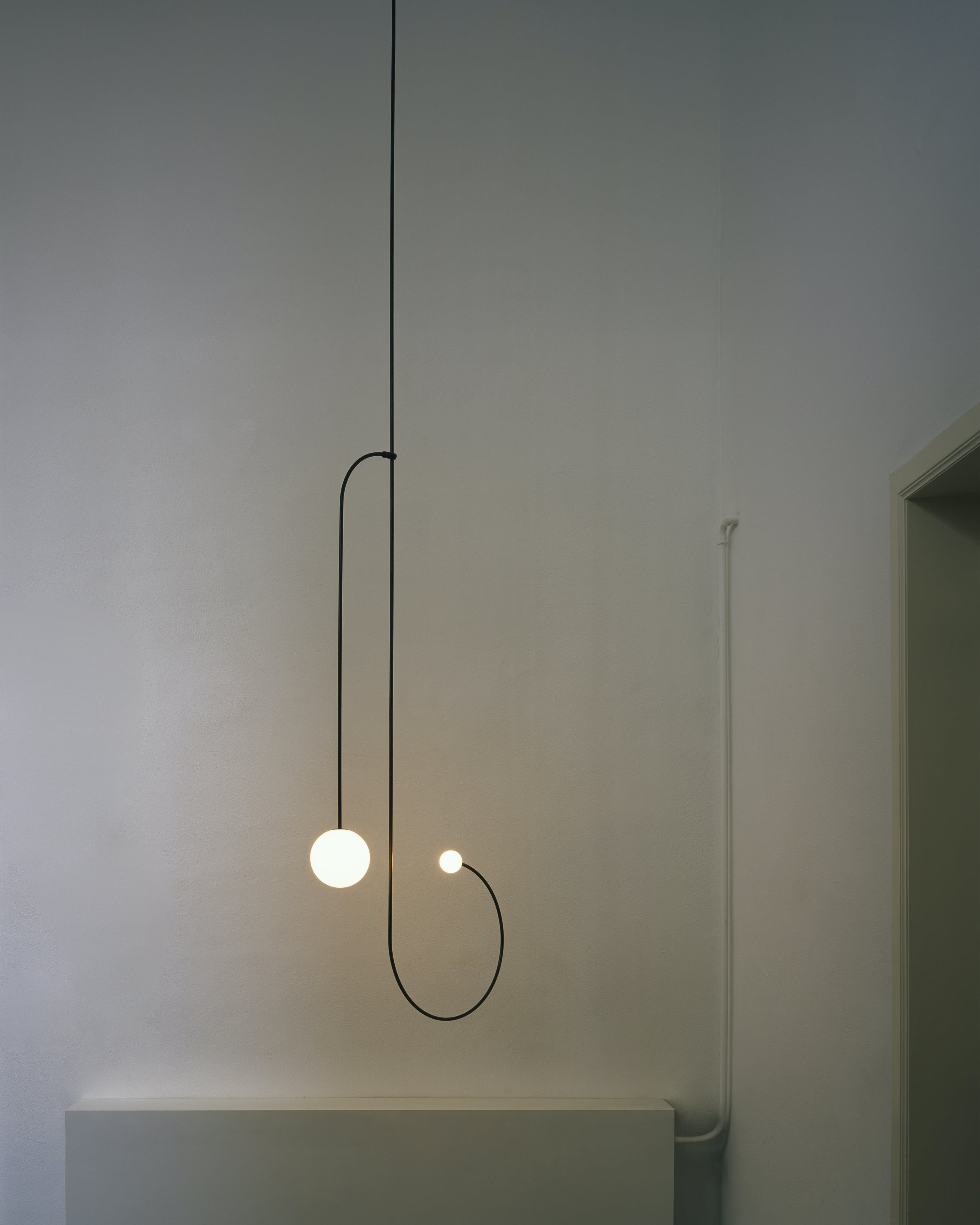 Mobile Chandelier 55.1 in L x 33.5 in H Patinated Brass Black Modern Living Room Ceiling Light Minimalist Glass Diffuser Fixture | Thomler