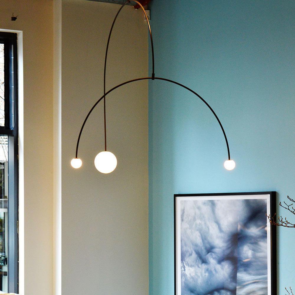 Mobile Chandelier 55.1 in L x 33.5 in H Patinated Brass Black Modern Living Room Ceiling Light Minimalist Glass Diffuser Fixture | Thomler