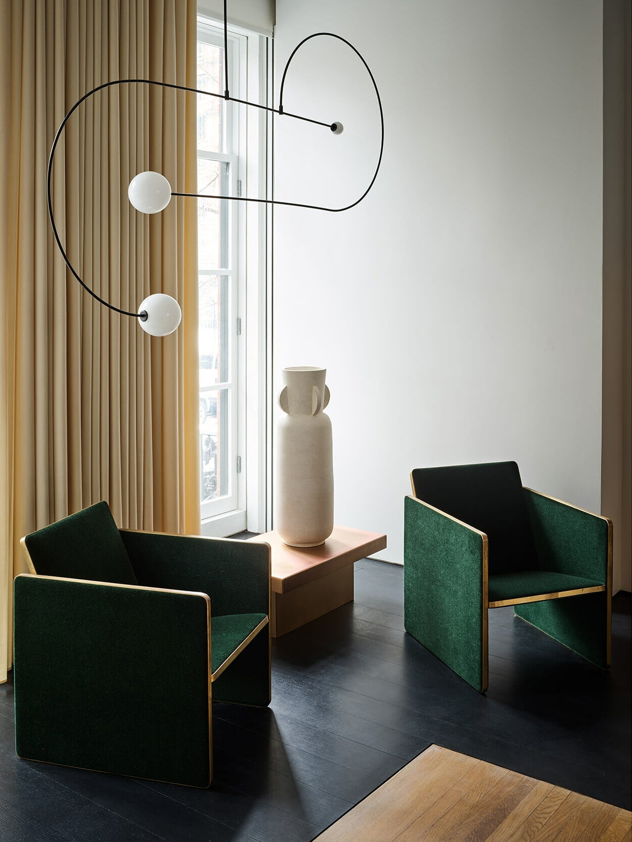 Mobile Chandelier 55.1 in L x 33.5 in H Patinated Brass Black Modern Living Room Ceiling Light Minimalist Glass Diffuser Fixture | Thomler