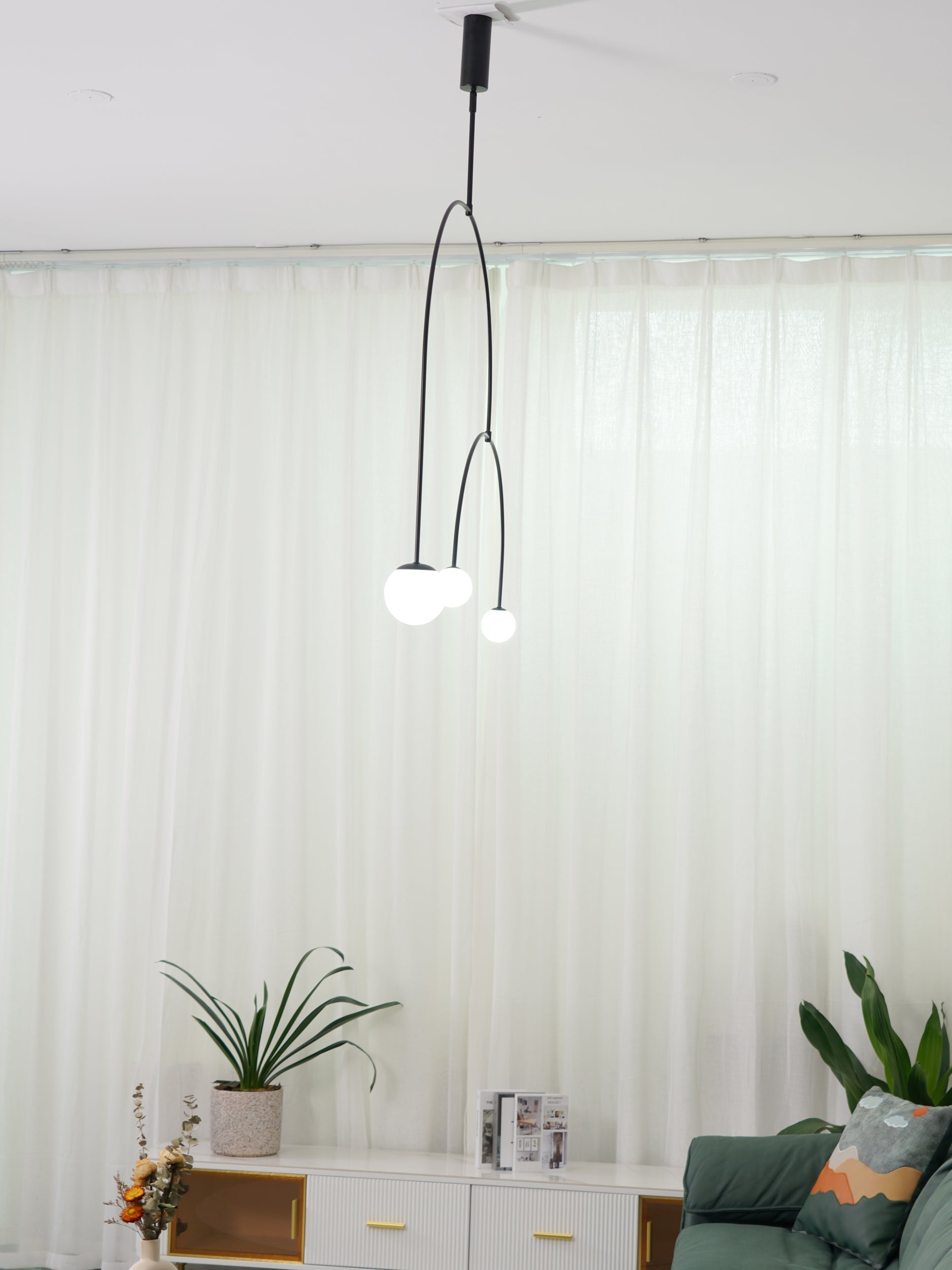 Mobile Chandelier 55.1 in L x 33.5 in H Patinated Brass Black Modern Living Room Ceiling Light Minimalist Glass Diffuser Fixture | Thomler