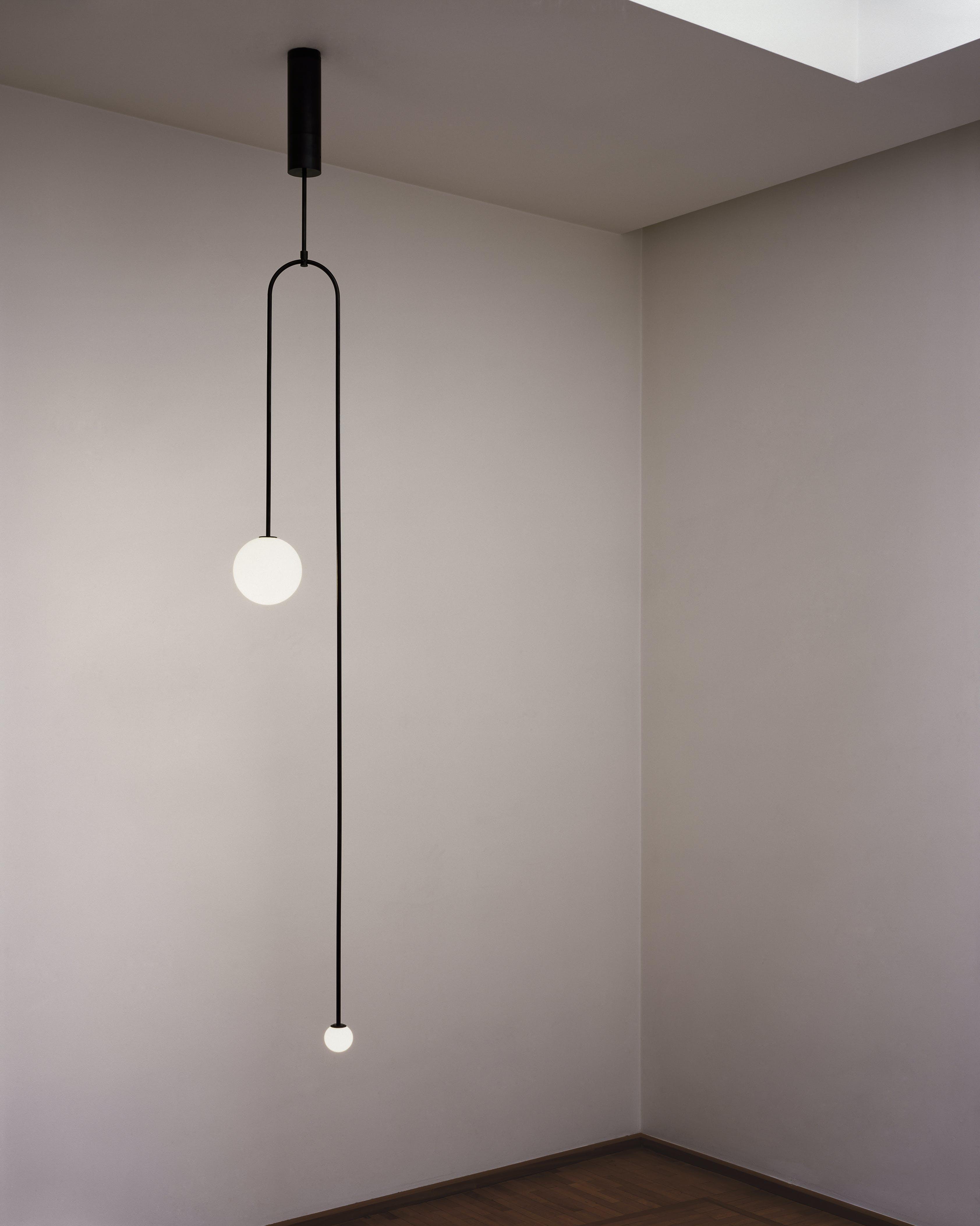 Mobile Chandelier 55.1 in L x 33.5 in H Patinated Brass Black Modern Living Room Ceiling Light Minimalist Glass Diffuser Fixture | Thomler