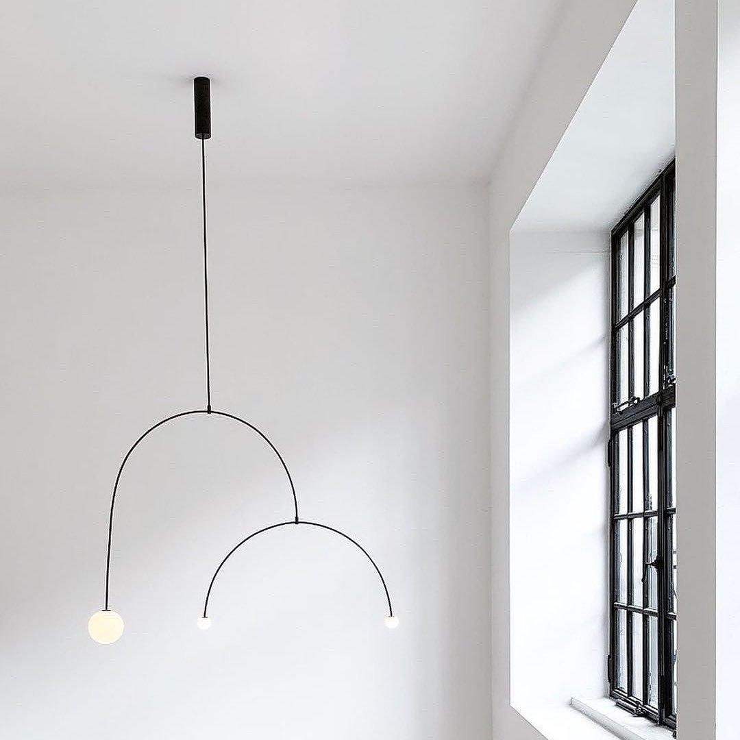 Mobile Chandelier 55.1 in L x 33.5 in H Patinated Brass Black Modern Living Room Ceiling Light Minimalist Glass Diffuser Fixture | Thomler