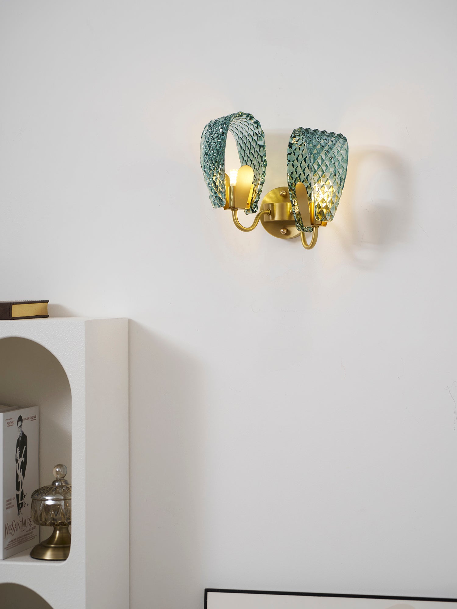 Vintage Brass and Blue Glass Wall Sconce for Bedroom Hallway Living Room – Elegant Decorative 2-Light or 3-Light Fixture with Diamond Textur | Thomler
