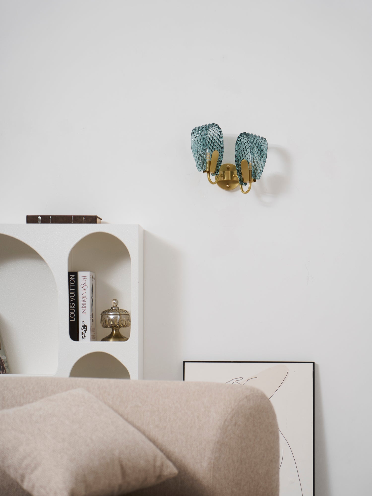 Vintage Brass and Blue Glass Wall Sconce for Bedroom Hallway Living Room – Elegant Decorative 2-Light or 3-Light Fixture with Diamond Textur | Thomler