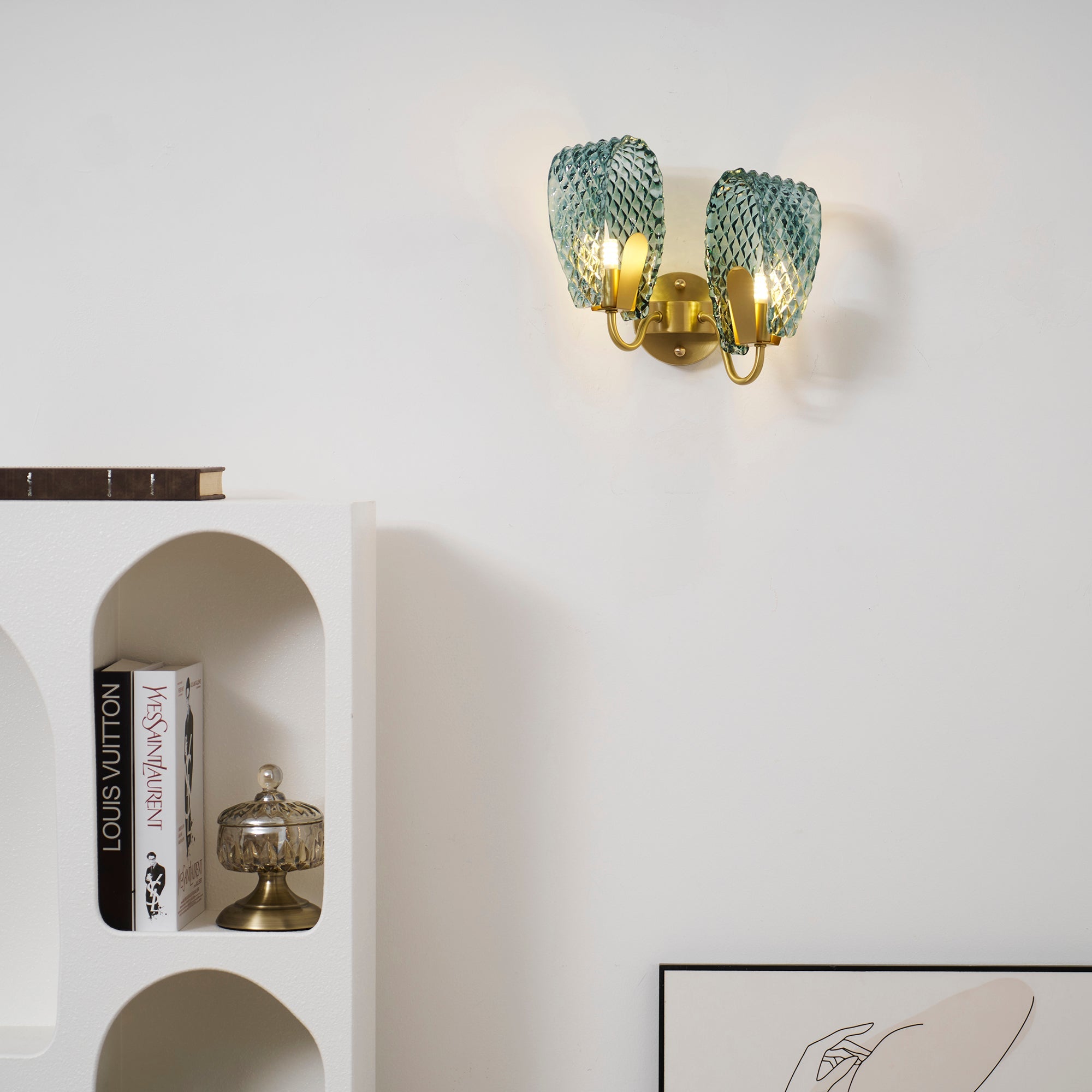 Vintage Brass and Blue Glass Wall Sconce for Bedroom Hallway Living Room – Elegant Decorative 2-Light or 3-Light Fixture with Diamond Textur | Thomler