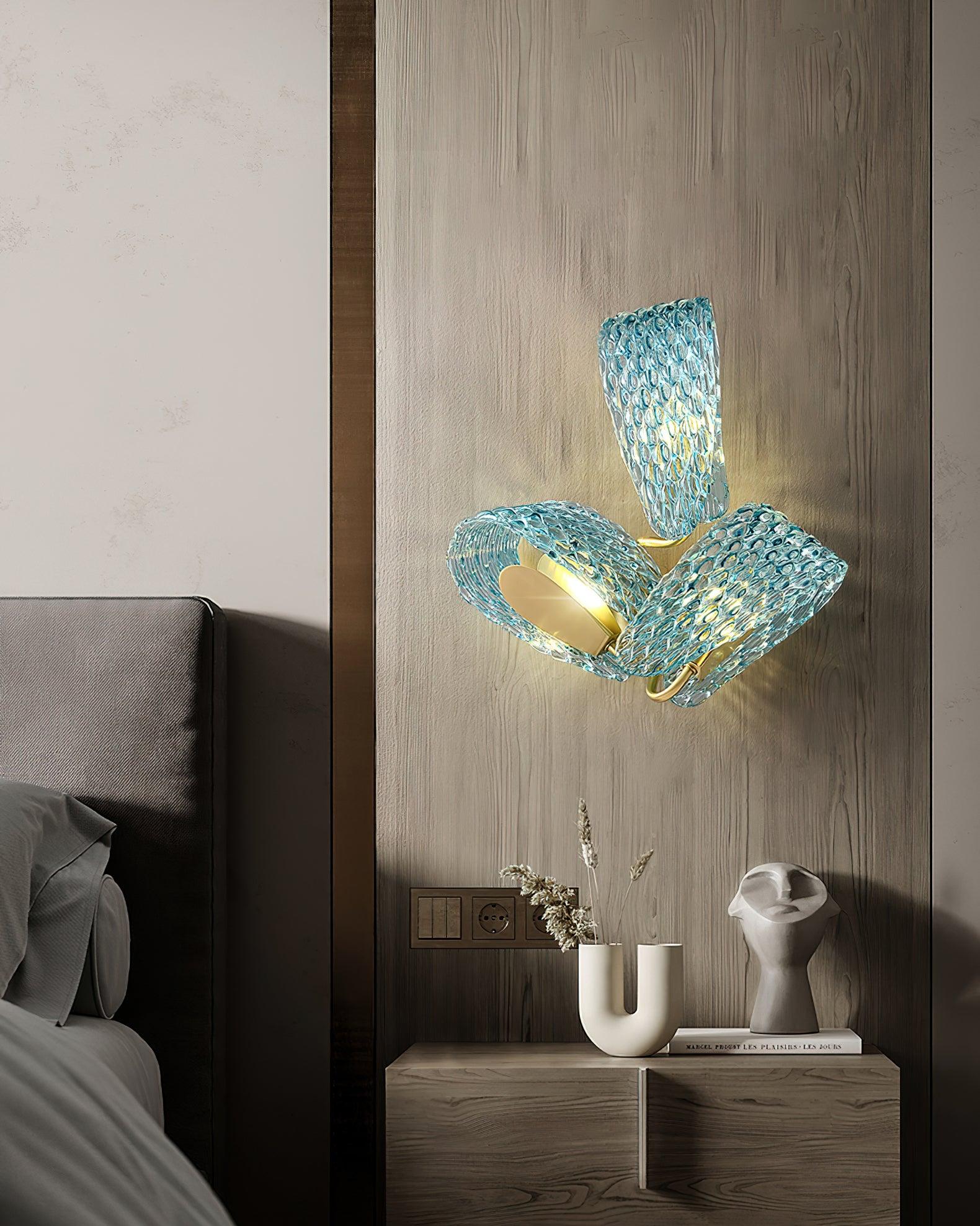 Vintage Brass and Blue Glass Wall Sconce for Bedroom Hallway Living Room – Elegant Decorative 2-Light or 3-Light Fixture with Diamond Textur | Thomler