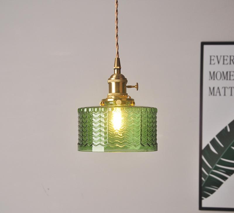 Pendant Light Ribbed Glass E27 17.0 cm Green Dining Room Kitchen Island Hanging Ceiling Lamp Japanese Retro Brass | Thomler