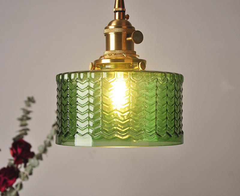 Pendant Light Ribbed Glass E27 17.0 cm Green Dining Room Kitchen Island Hanging Ceiling Lamp Japanese Retro Brass | Thomler