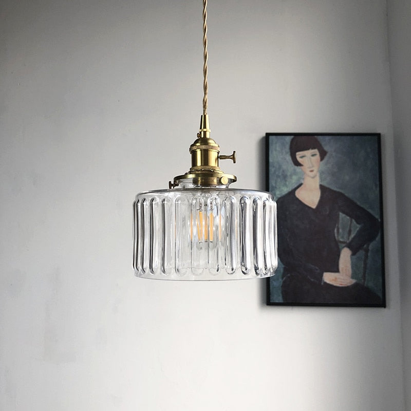 Pendant Light Ribbed Glass E27 17.0 cm Green Dining Room Kitchen Island Hanging Ceiling Lamp Japanese Retro Brass | Thomler