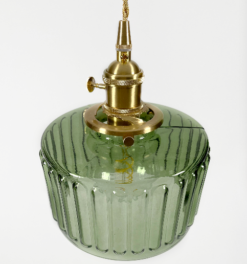 Pendant Light Ribbed Glass E27 17.0 cm Green Dining Room Kitchen Island Hanging Ceiling Lamp Japanese Retro Brass | Thomler