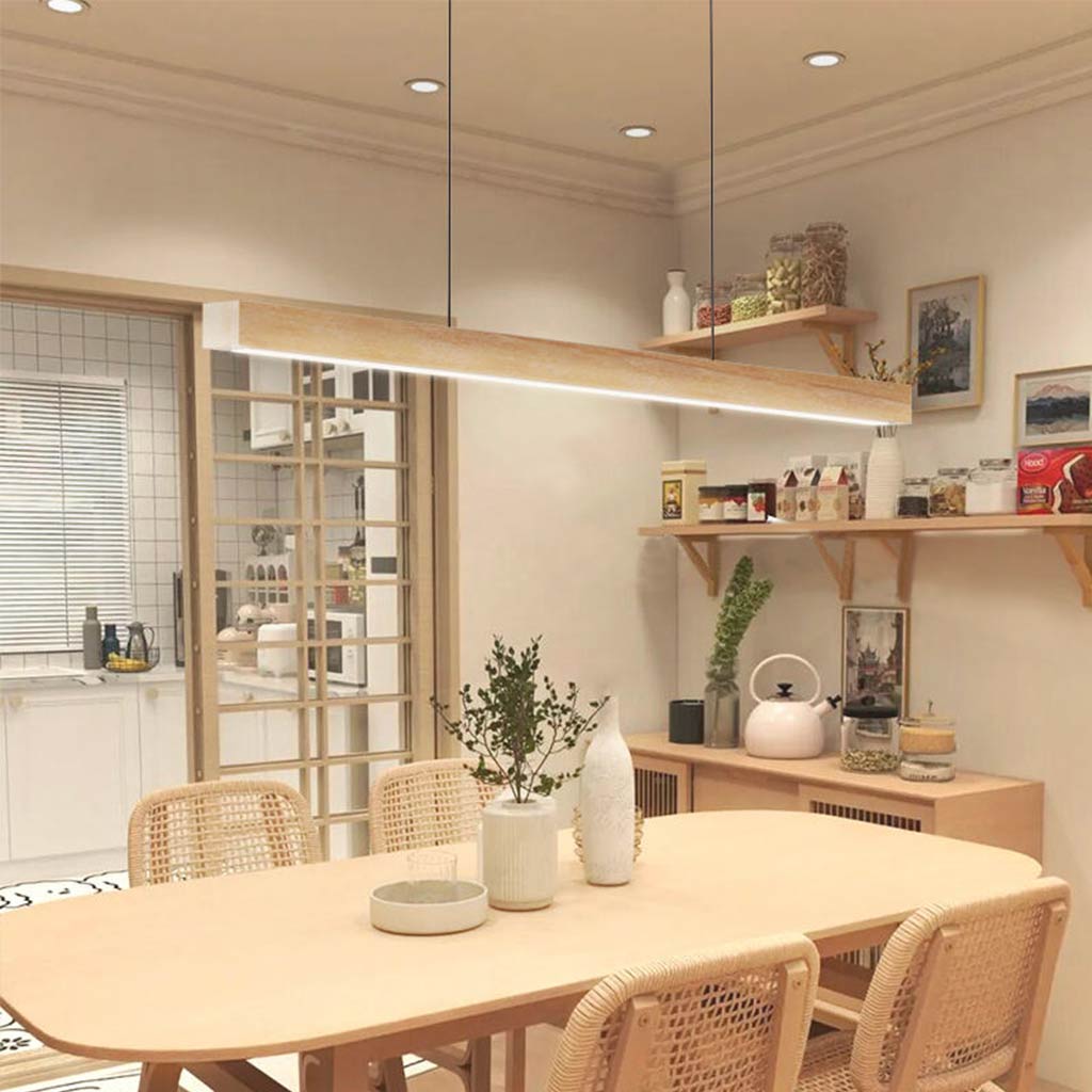 Pendant Light Wood Linear 39.4 in Adjustable Kitchen Island Dining Table Ceiling Lamp Warm White Neutral | Thomler