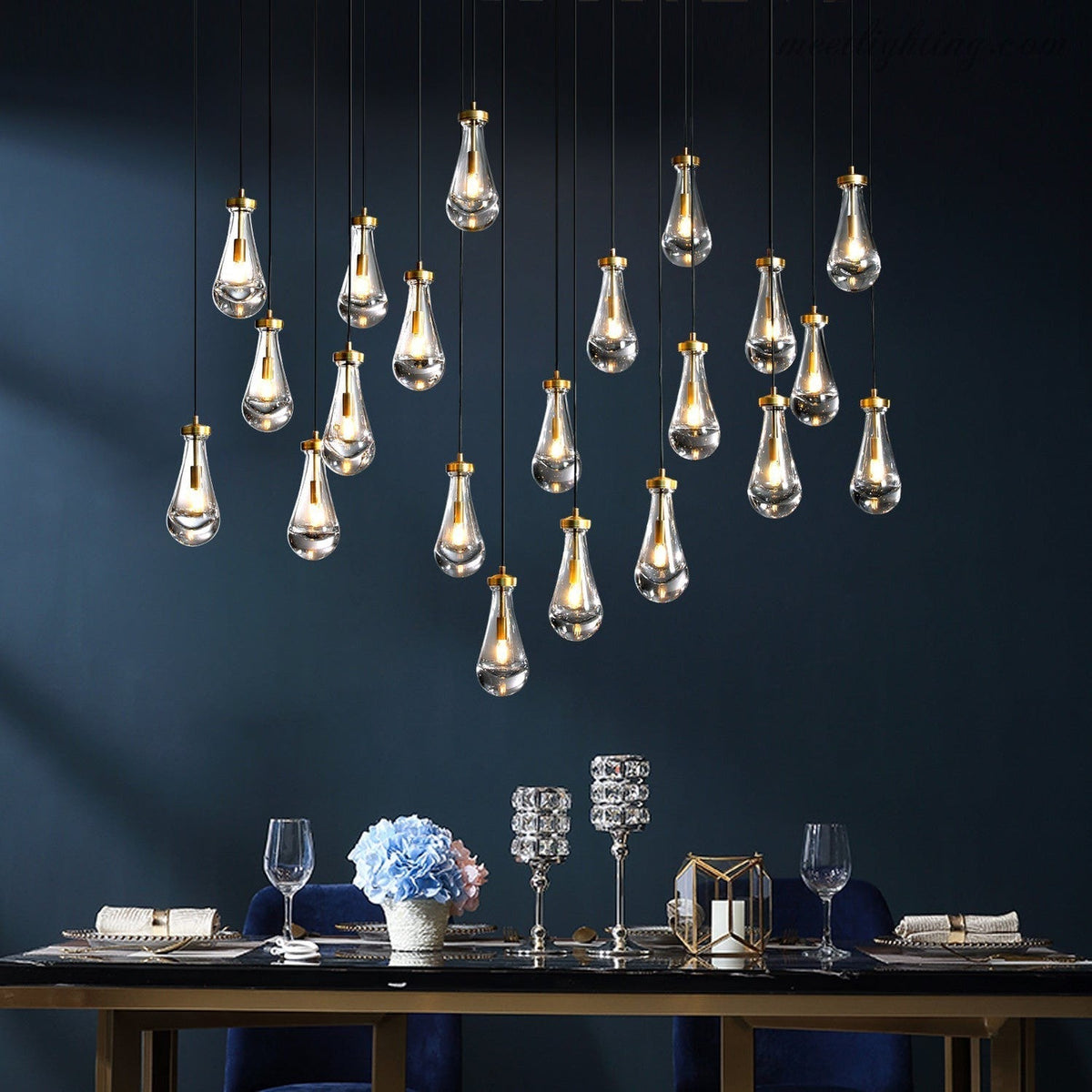 Linear Glass Teardrop Fixture Brass Nickel Black Finish LED Dining Room Bedroom Living Room Restaurant Hotel Ceiling Statement Light | Thomler
