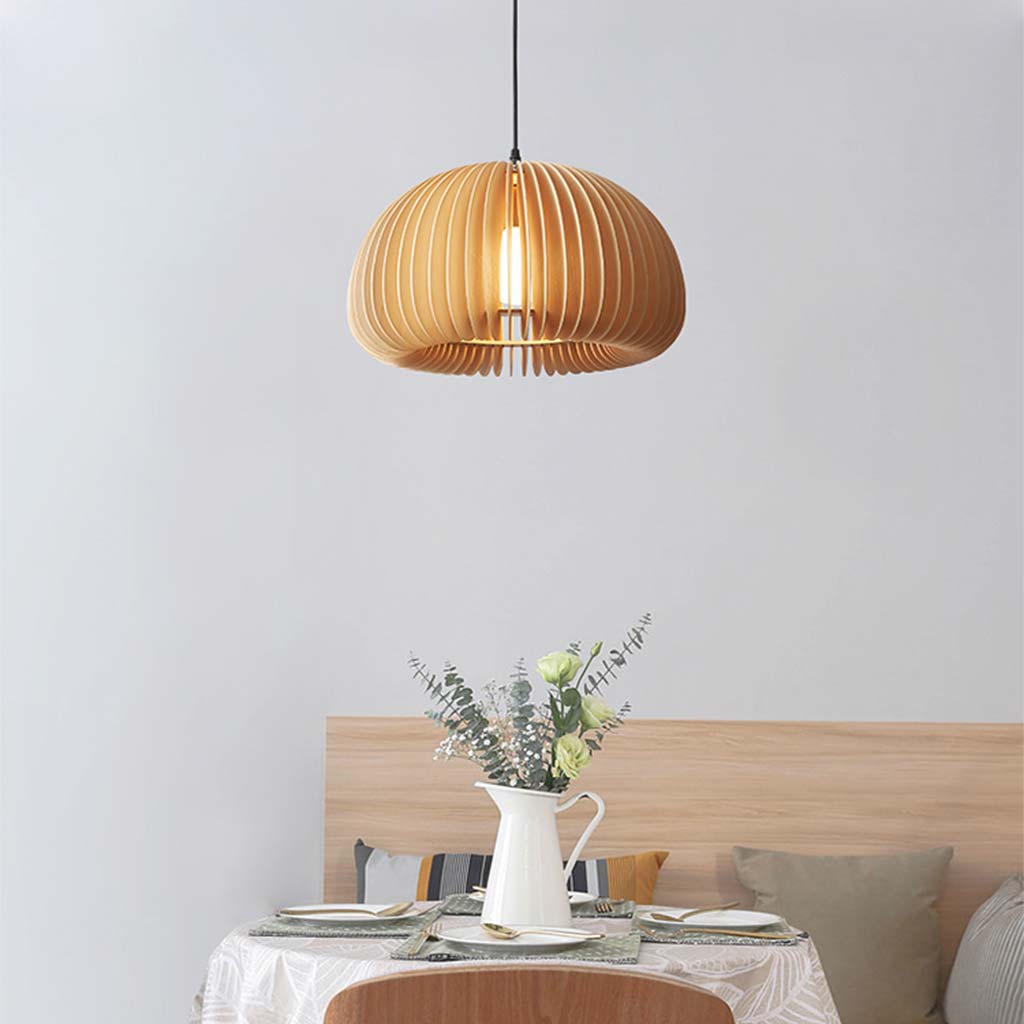 Pendant Light Wood 13.8 in Log Color Dining Room Scandinavian Japandi Hanging Ceiling Lamp LED | Thomler