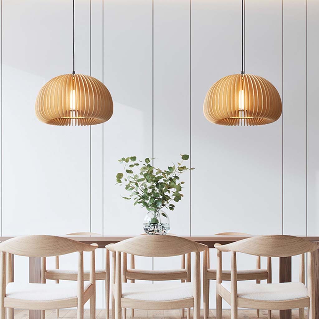 Pendant Light Wood 13.8 in Log Color Dining Room Scandinavian Japandi Hanging Ceiling Lamp LED | Thomler