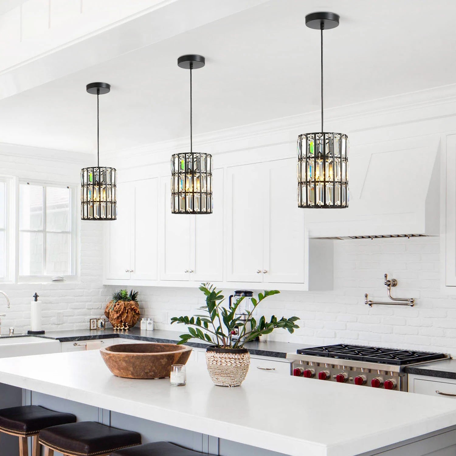Black Metal Geometric Crystal Pendant Light E12 Candelabra Socket Modern Dining Room Chandelier Adjustable Cord Kitchen Island Bedroom | Thomler