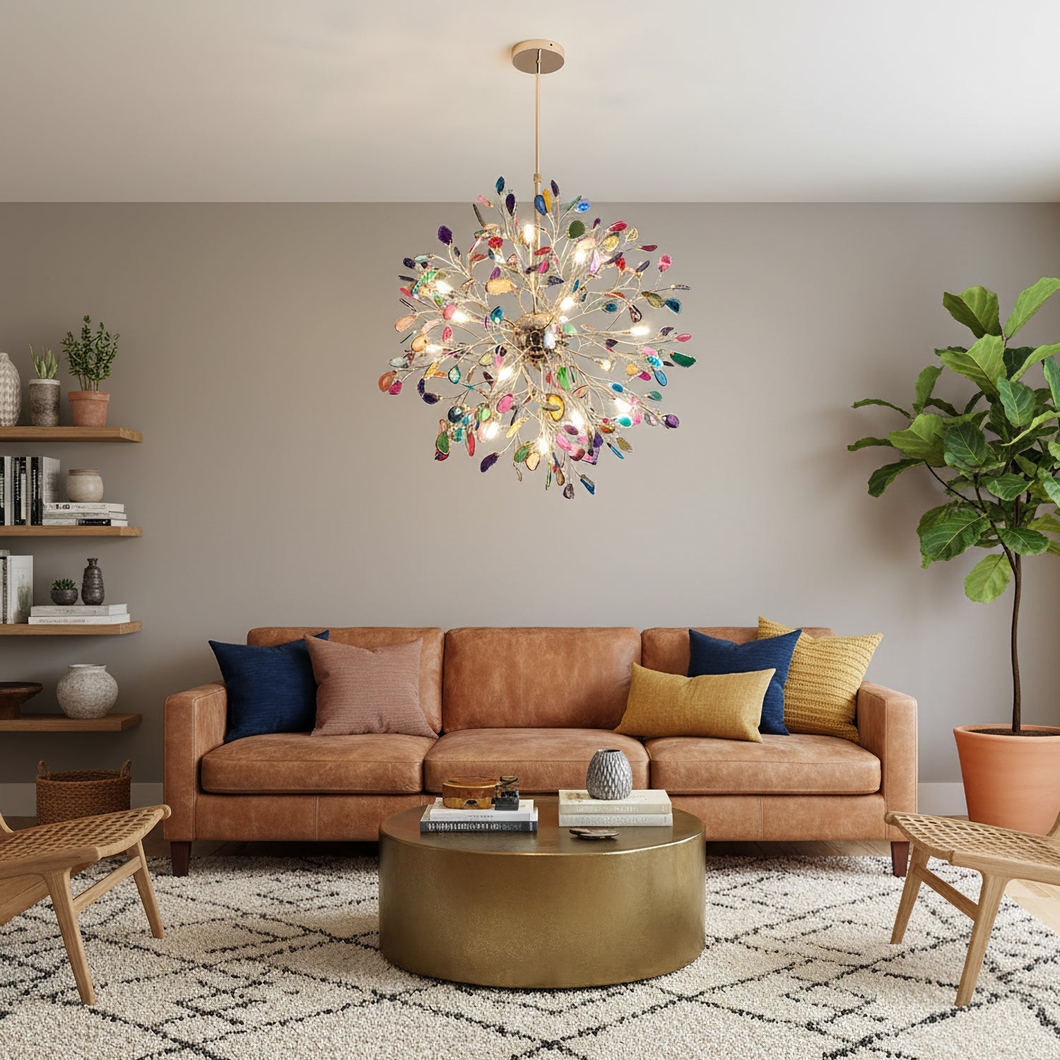 Pendant Light Natural Agate G4 58.0 cm Gold Living Room Dining Room Chandelier Multicolour Ceiling Hanging Light | Thomler