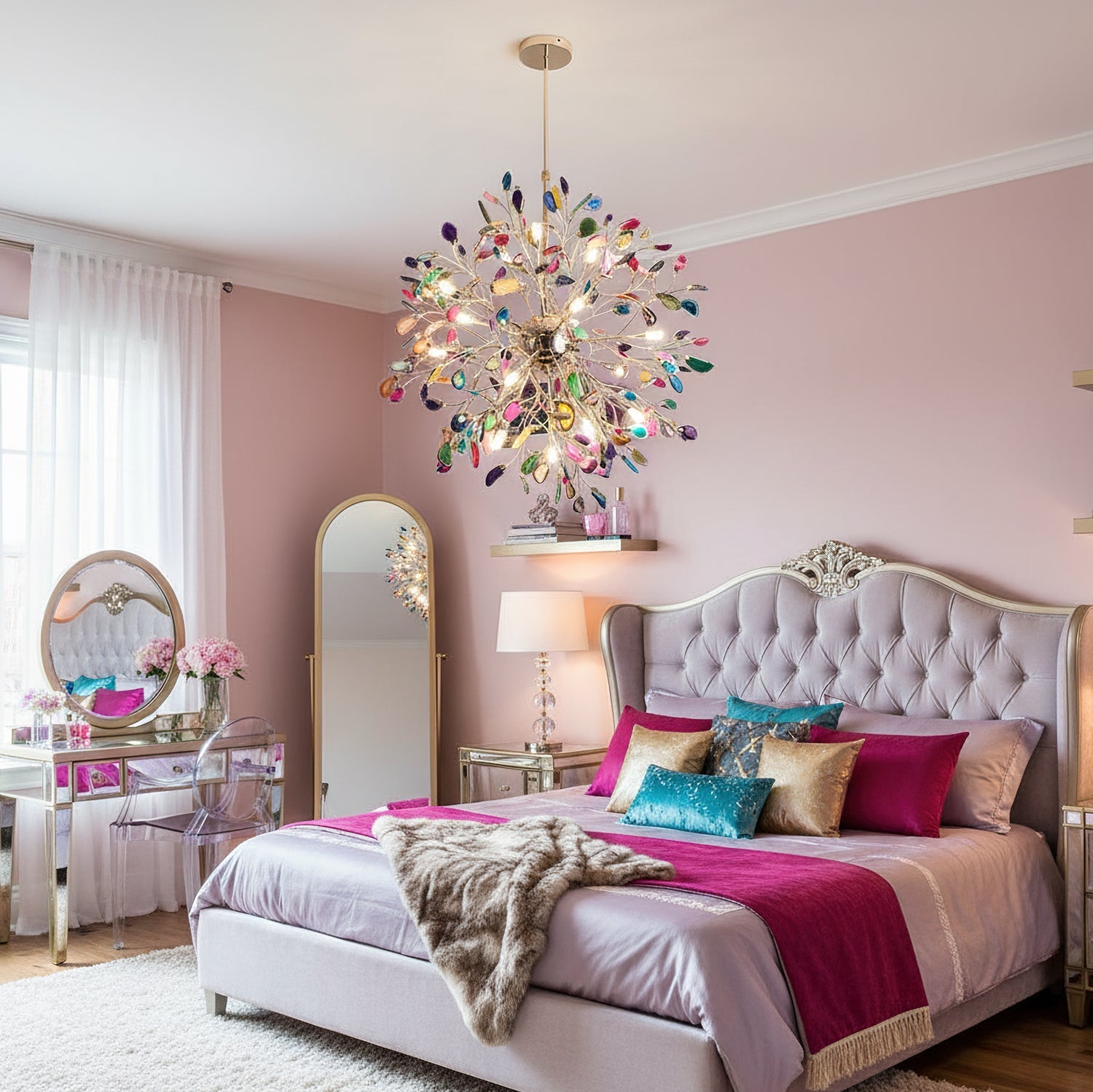 Pendant Light Natural Agate G4 58.0 cm Gold Living Room Dining Room Chandelier Multicolour Ceiling Hanging Light | Thomler