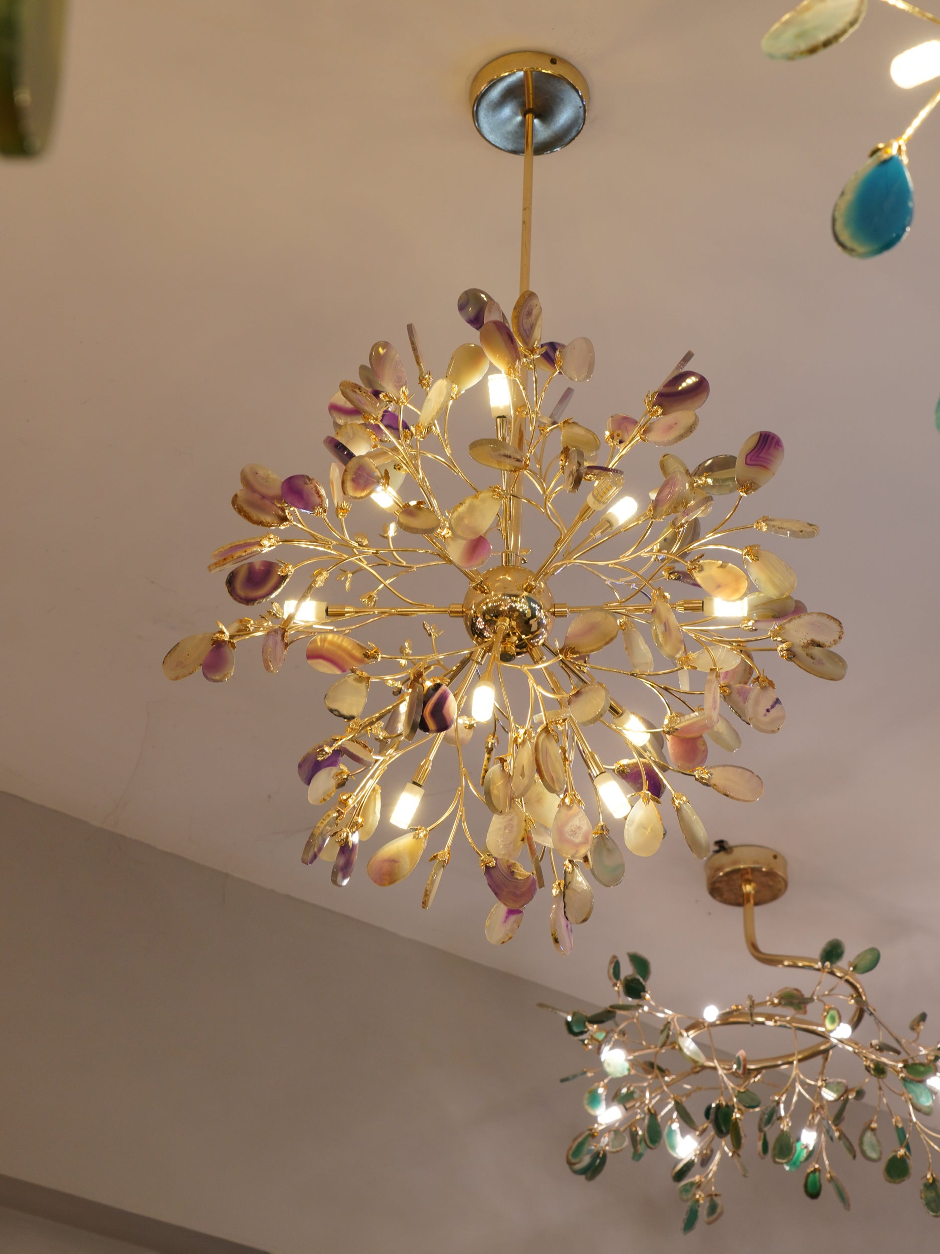 Pendant Light Natural Agate G4 58.0 cm Gold Living Room Dining Room Chandelier Multicolour Ceiling Hanging Light | Thomler