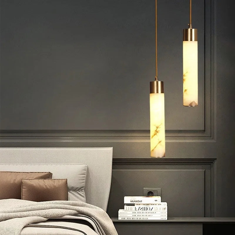 Stone Shade Hanging Fixture with Copper Accent – LED Pendant for Bedroom & Entryway | Thomler