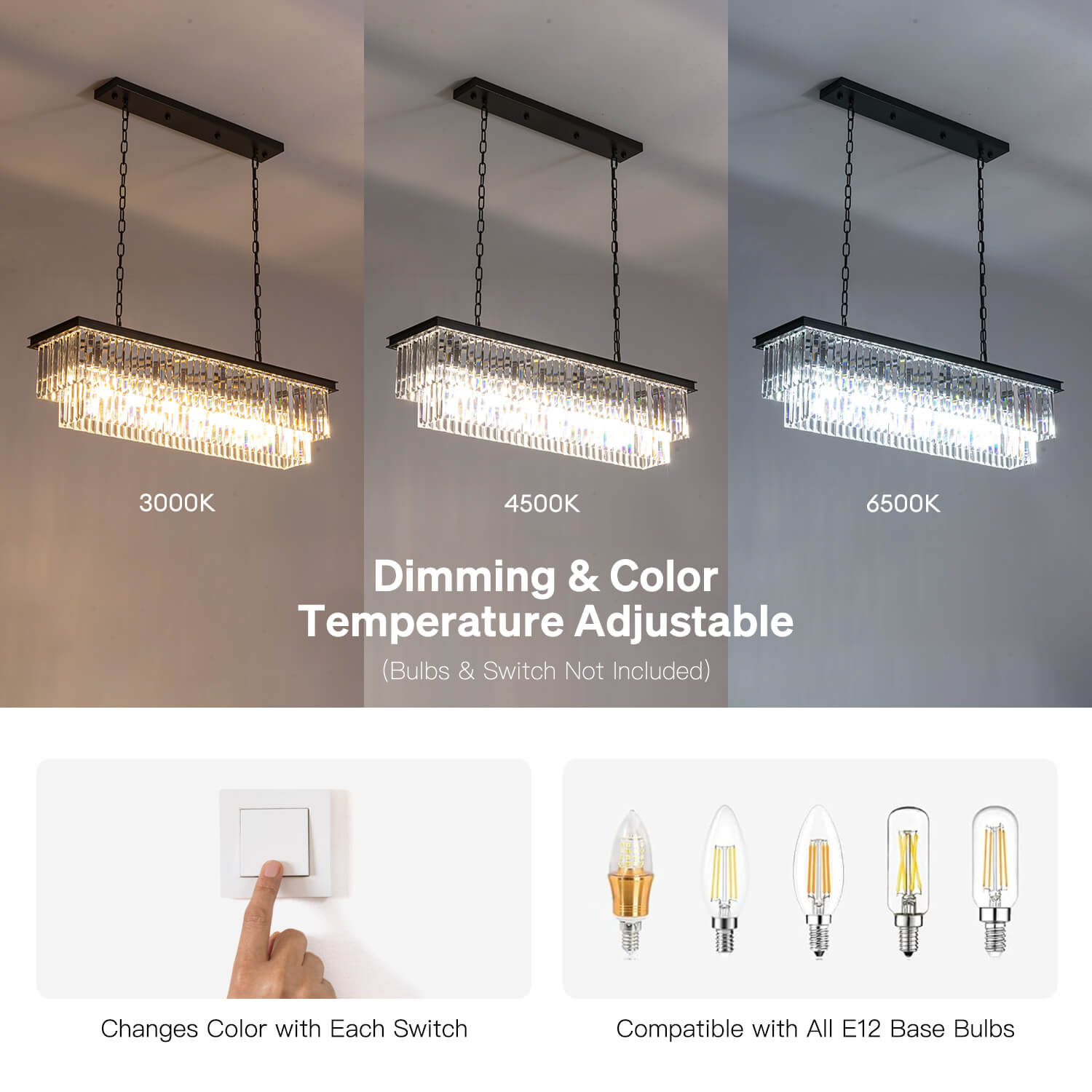 Rectangular Black Metal Crystal Chandelier with E12 Candelabra Sockets for Dining Room and Kitchen Island Lighting | Thomler