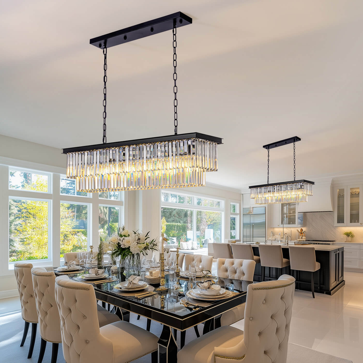 Rectangular Black Metal Crystal Chandelier with E12 Candelabra Sockets for Dining Room and Kitchen Island Lighting | Thomler