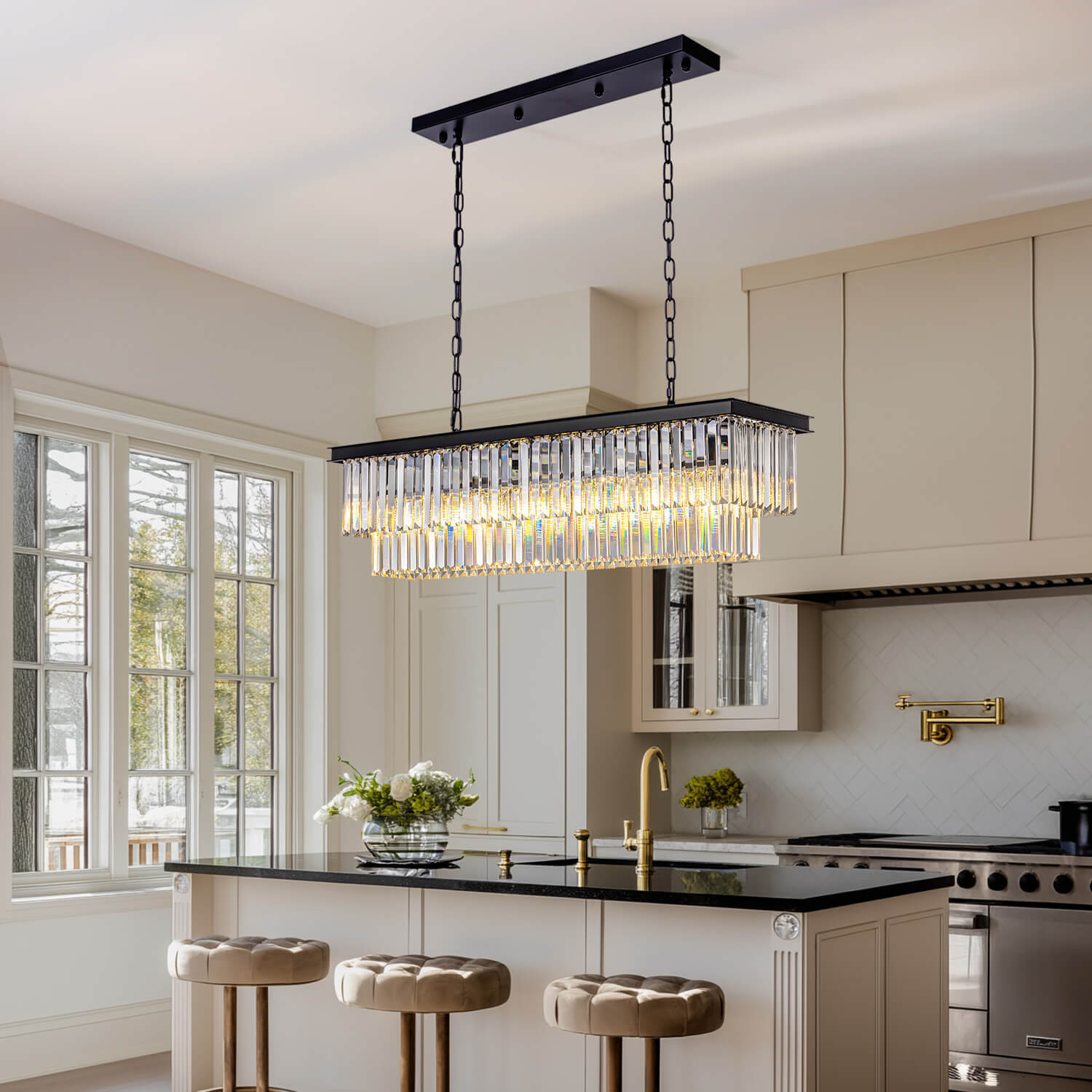 Rectangular Black Metal Crystal Chandelier with E12 Candelabra Sockets for Dining Room and Kitchen Island Lighting | Thomler
